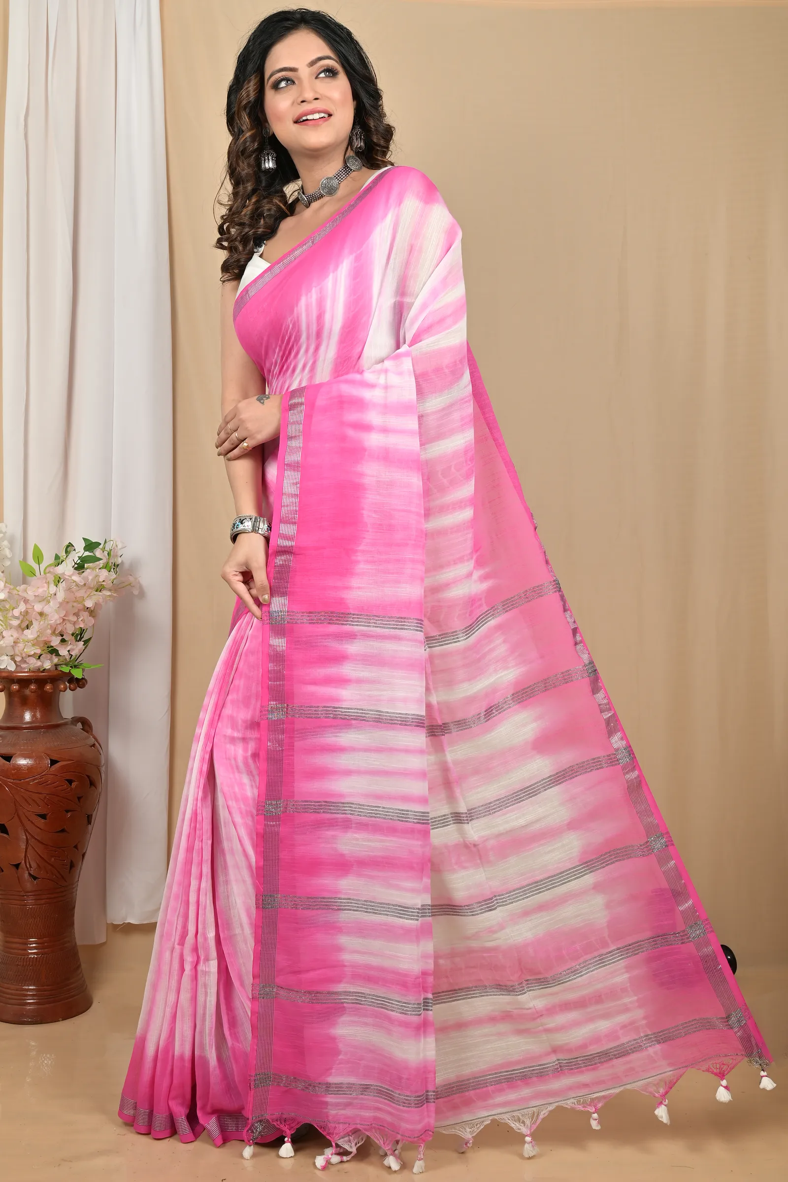DipDiya Pure Cotton Pink White Achmol Bengali Heritage Badhni Dye Sarees
