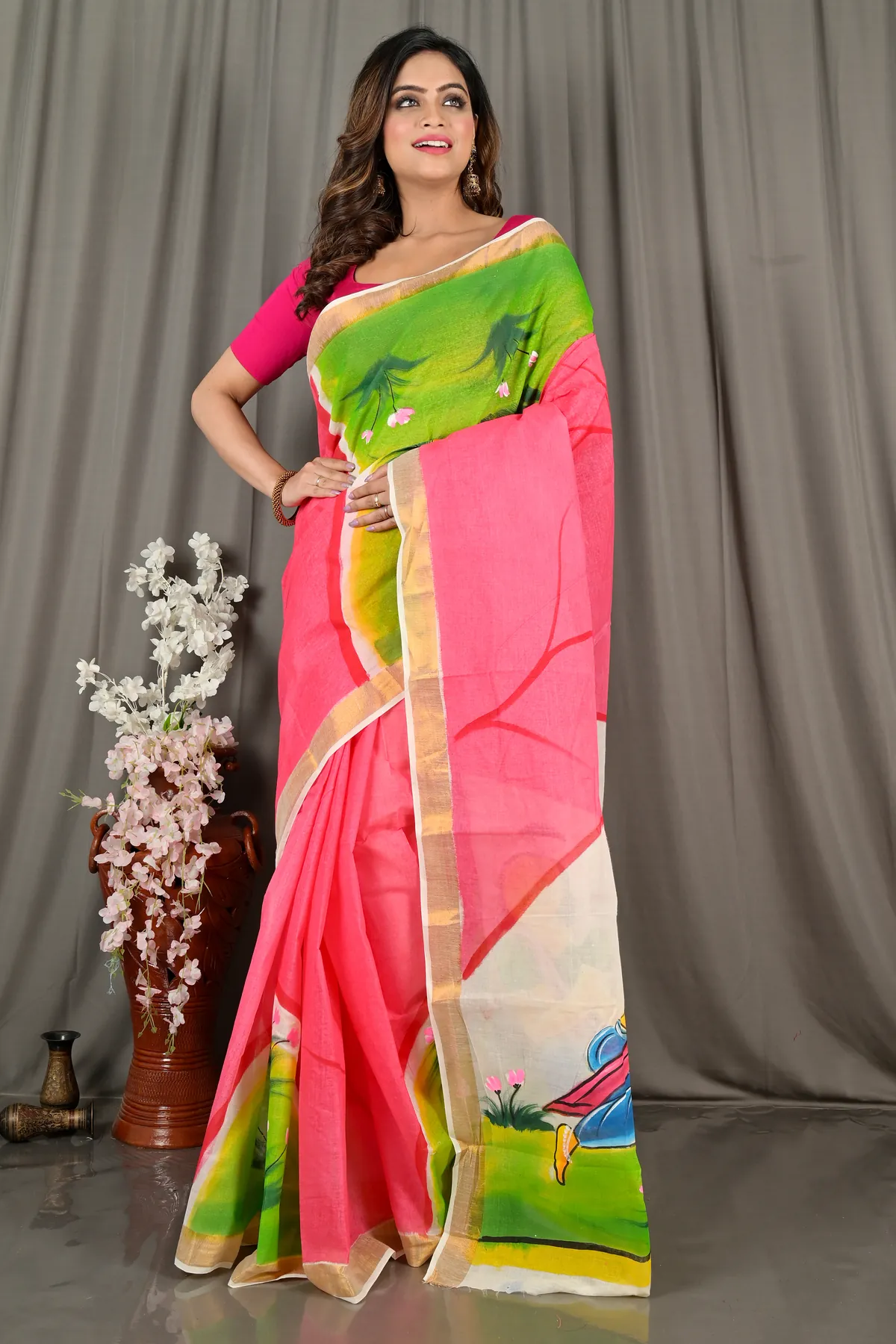 DipDiya Pure Cotton Pink White Hataka Elegance in Every Weaves Hand Painted Sarees