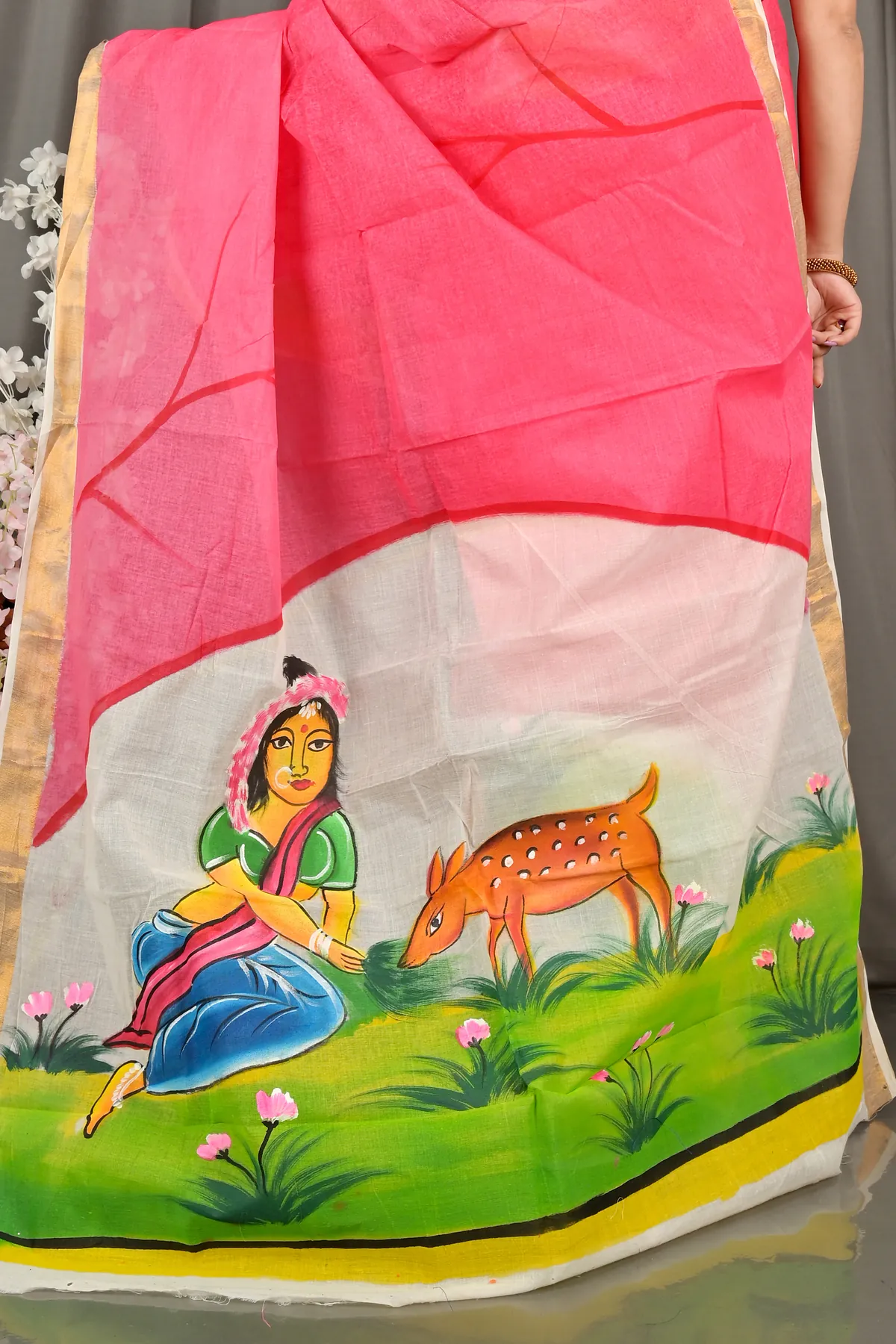 DipDiya Pure Cotton Pink White Hataka Elegance in Every Weaves Hand Painted Sarees