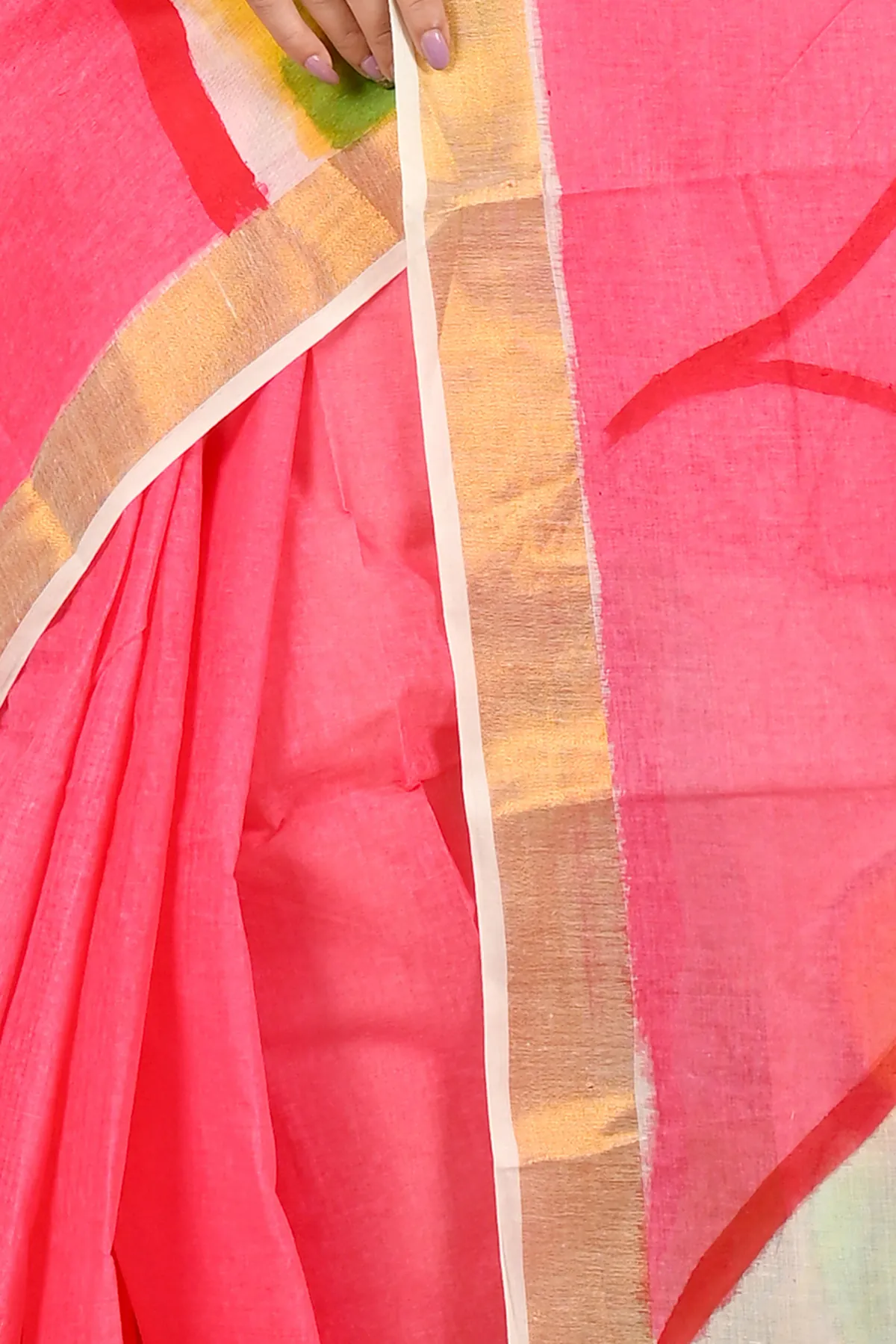 DipDiya Pure Cotton Pink White Hataka Elegance in Every Weaves Hand Painted Sarees