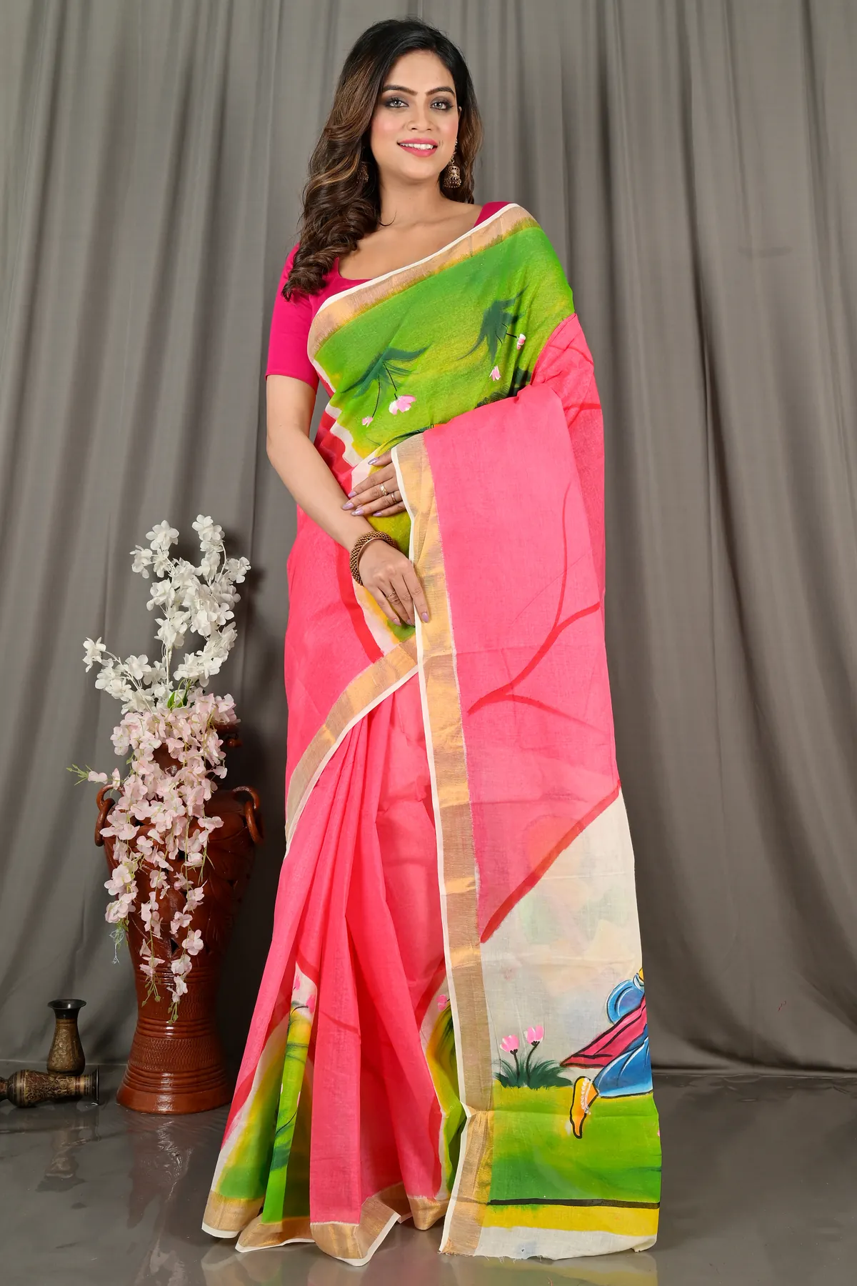 DipDiya Pure Cotton Pink White Hataka Elegance in Every Weaves Hand Painted Sarees