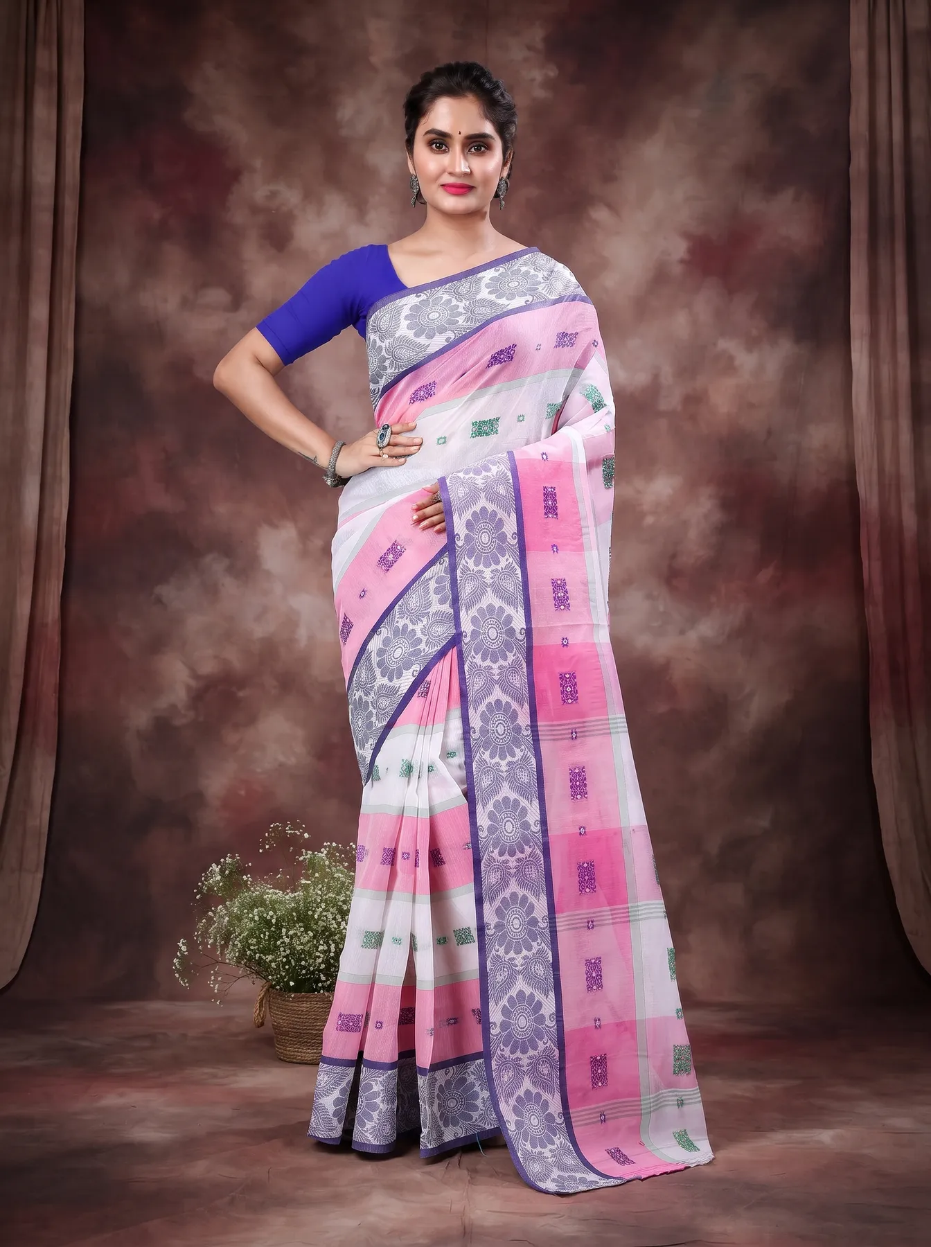 DipDiya Pure Cotton Pink White RajSahi Rooted in Bengal Tant Sarees