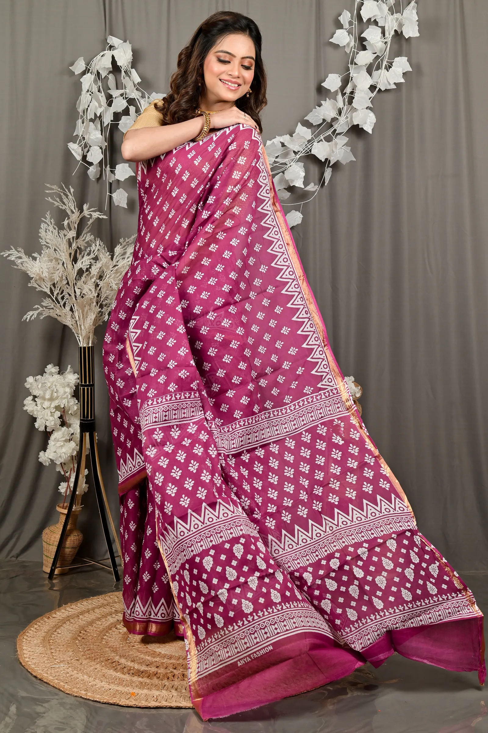 DipDiya Pure Cotton Purpel Febasi Artisan Woven Batik Print Sarees