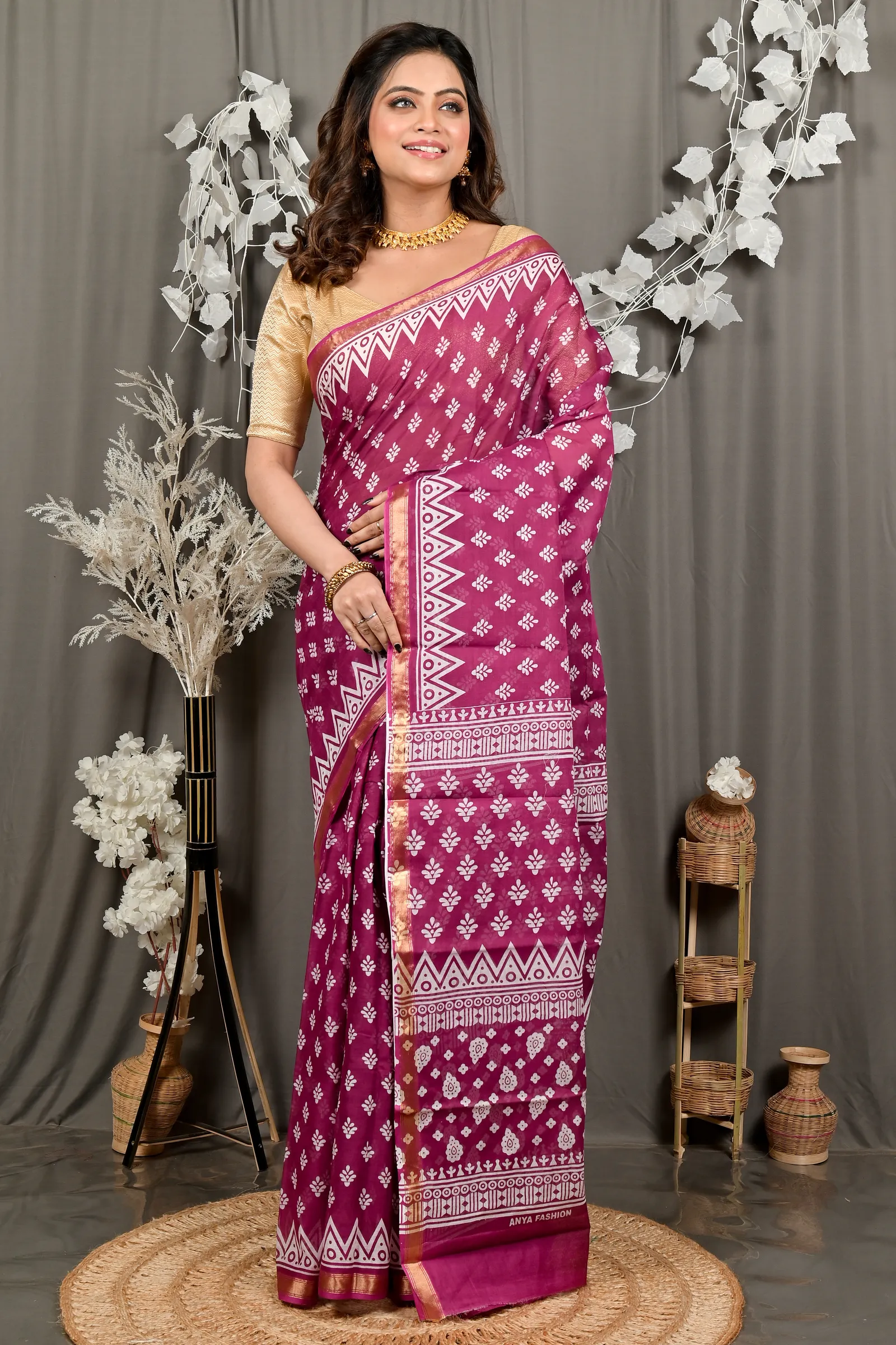 DipDiya Pure Cotton Purpel Febasi Artisan Woven Batik Print Sarees