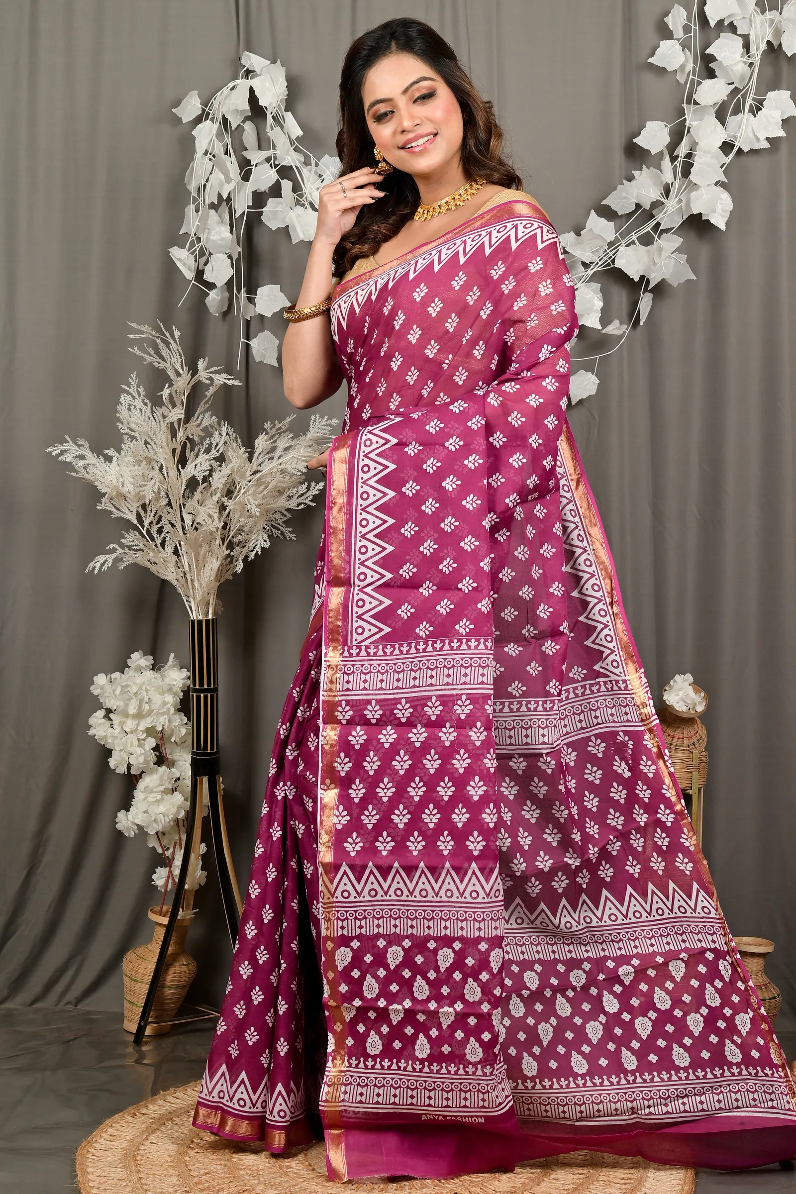 DipDiya Pure Cotton Purpel Febasi Artisan Woven Batik Print Sarees