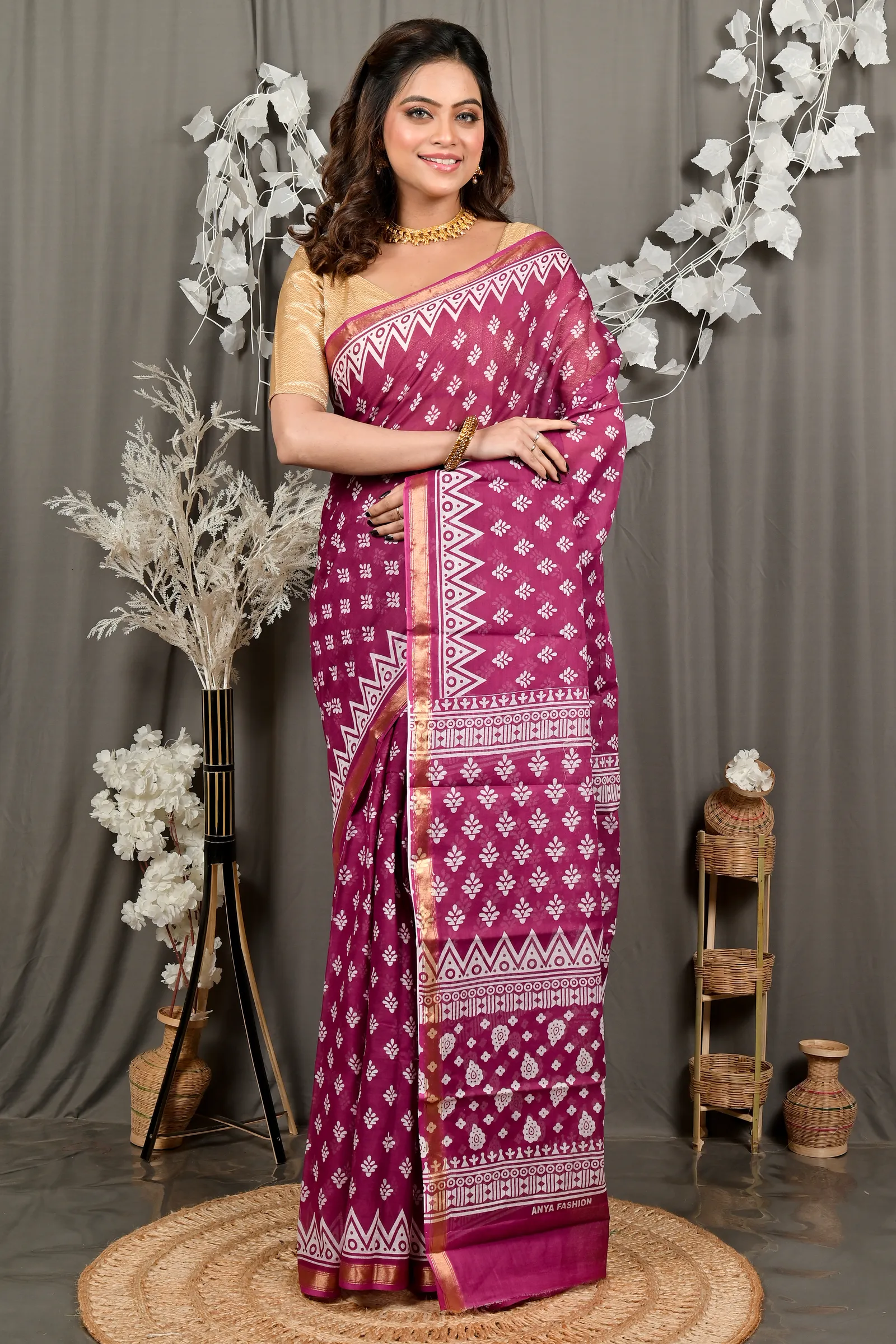 DipDiya Pure Cotton Purpel Febasi Artisan Woven Batik Print Sarees