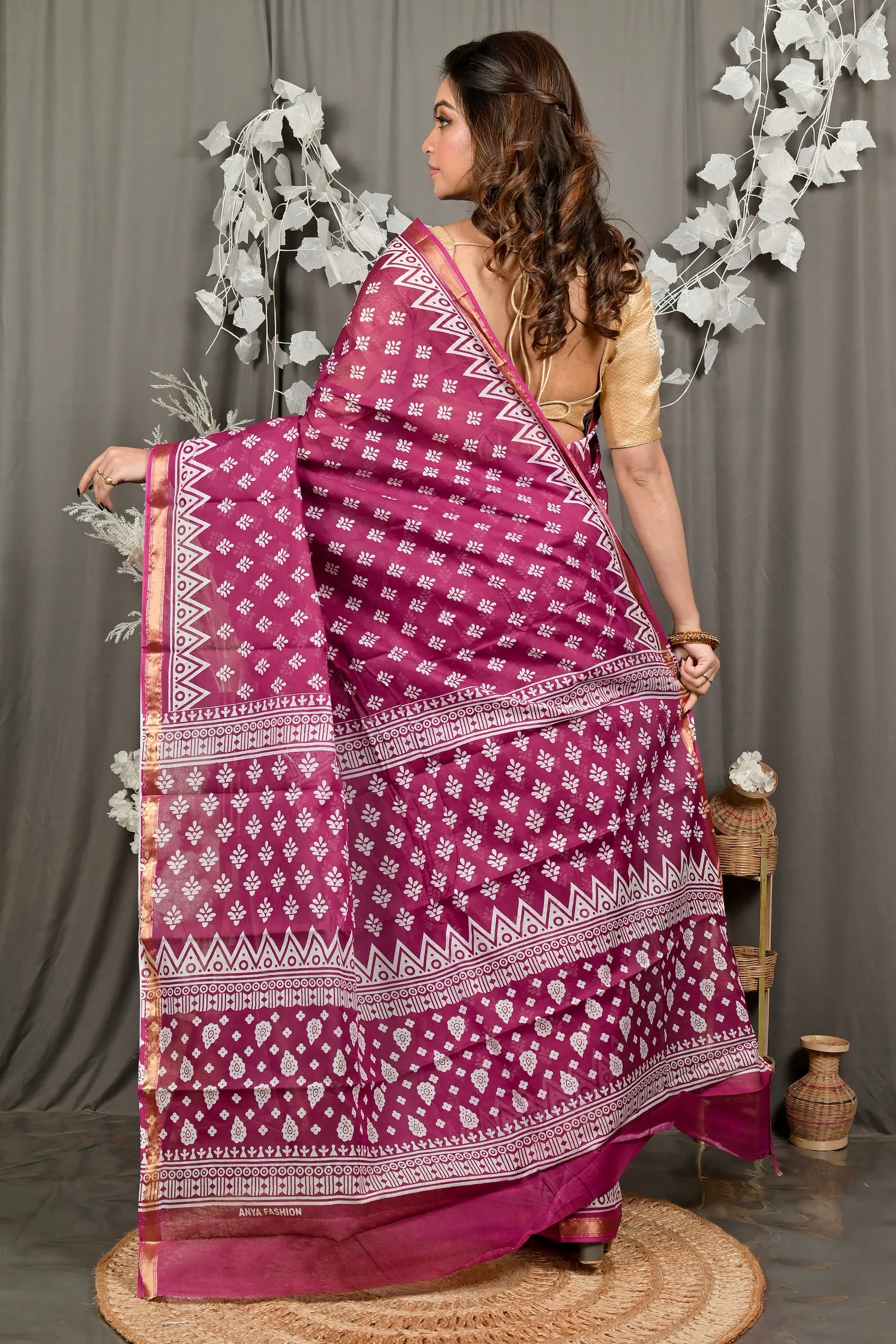 DipDiya Pure Cotton Purpel Febasi Artisan Woven Batik Print Sarees