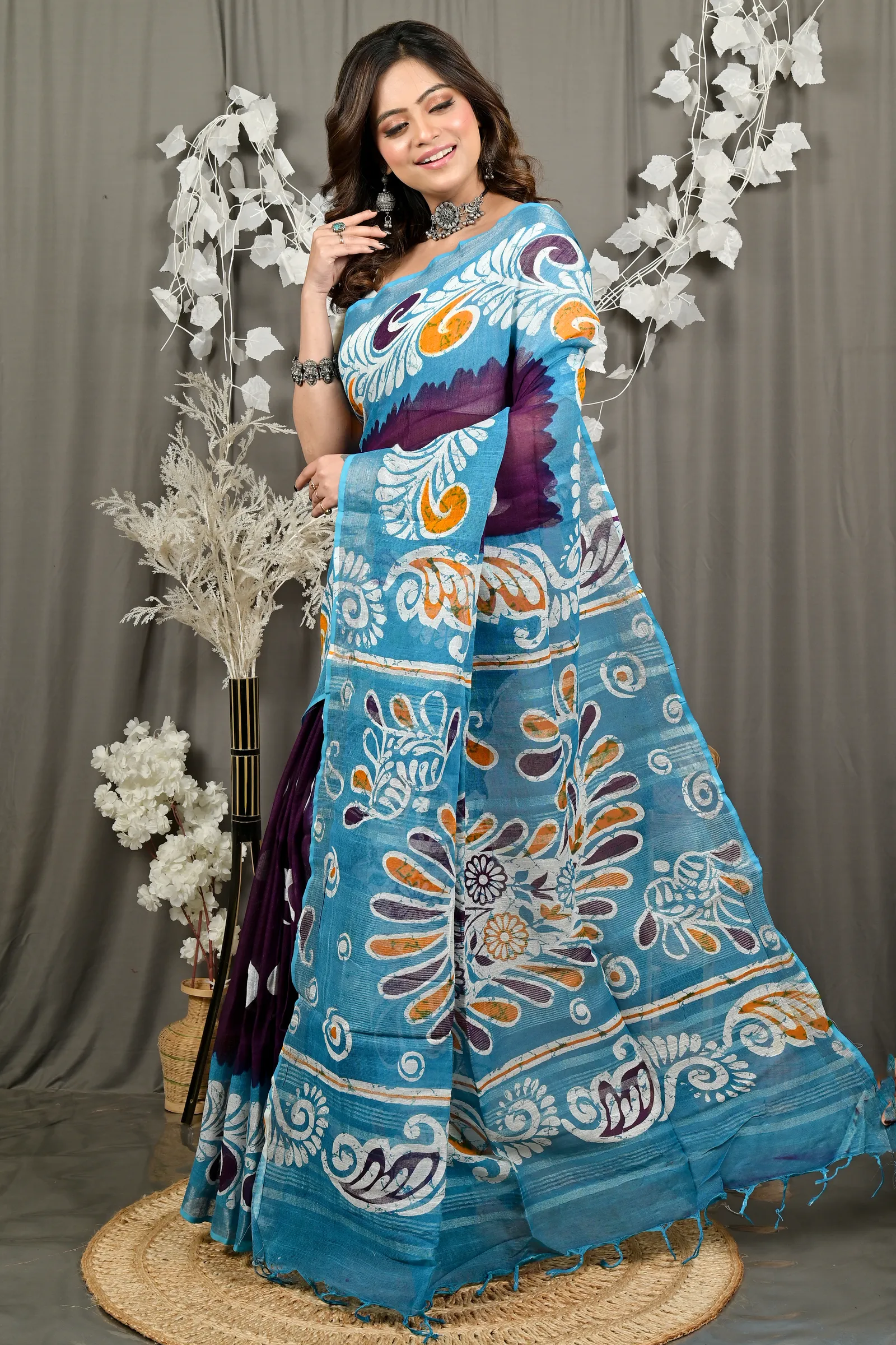 DipDiya Pure Cotton Purpel Sky Blue Dinesi Heritage Elegance Batik Print Sarees