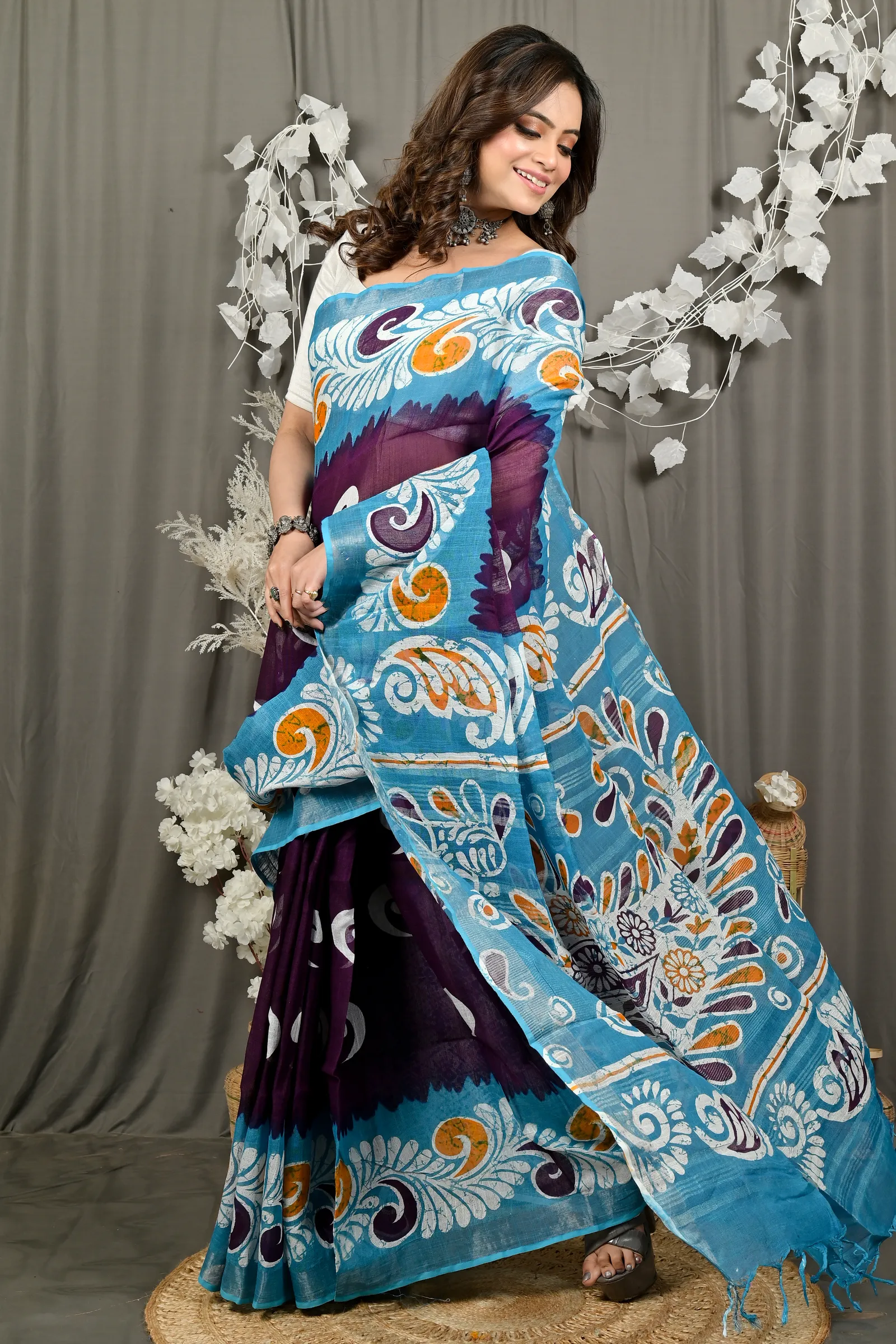 DipDiya Pure Cotton Purpel Sky Blue Dinesi Heritage Elegance Batik Print Sarees