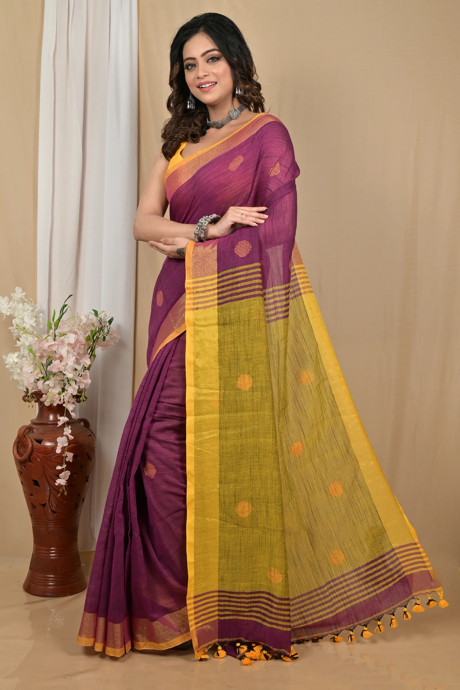 DipDiya Pure Cotton Purpel Yellow Achkol Woven with Love Handloom Sarees