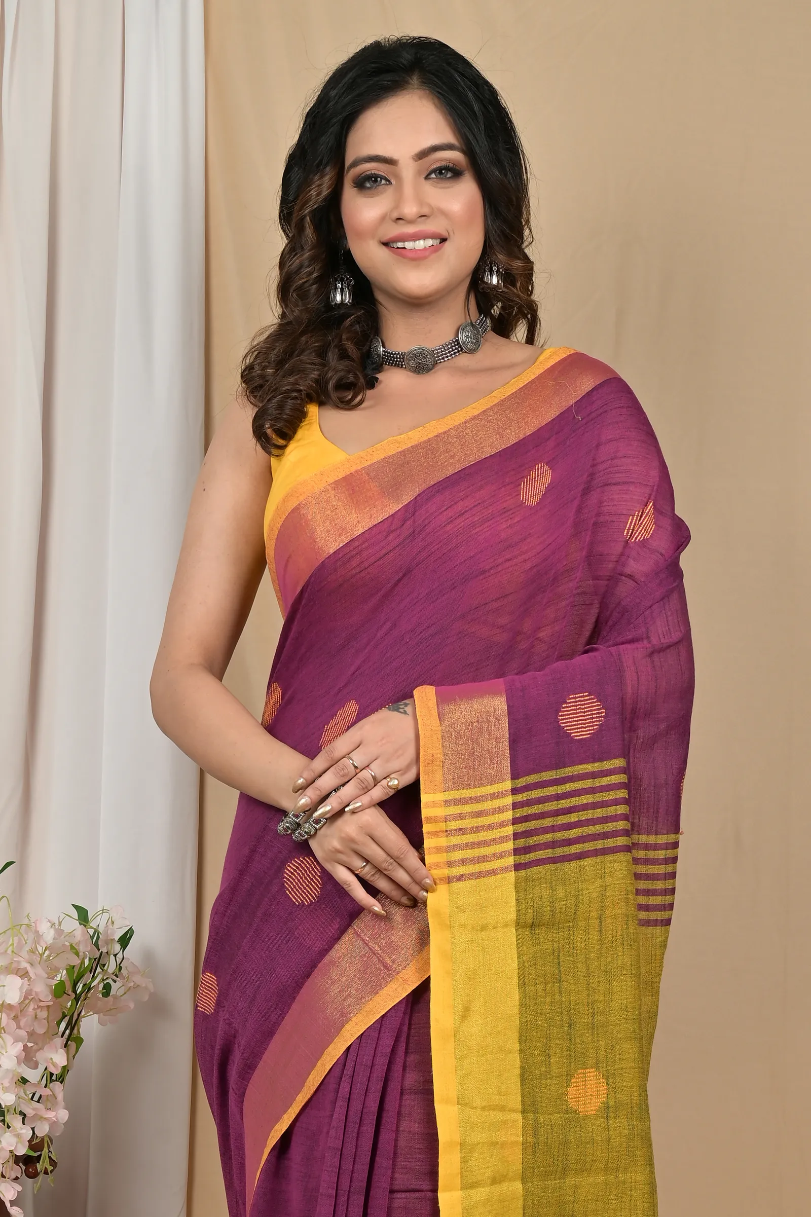DipDiya Pure Cotton Purpel Yellow Achkol Woven with Love Handloom Sarees