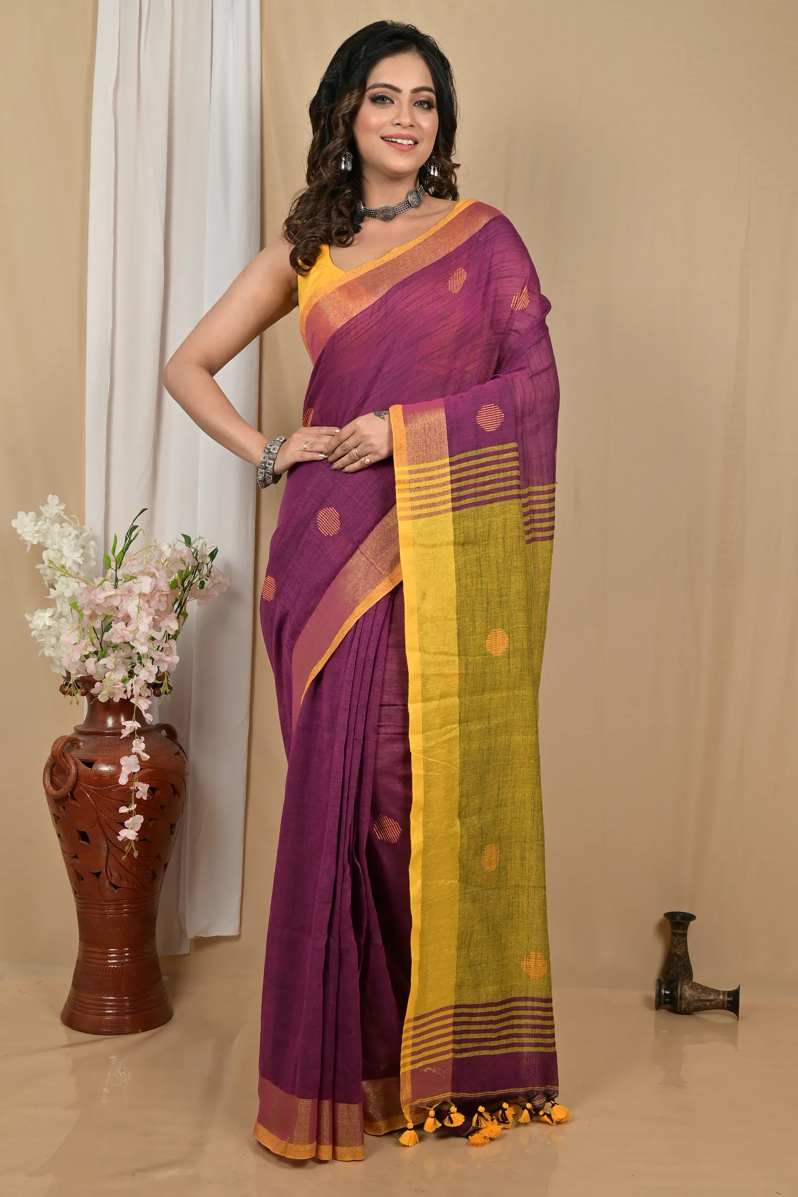DipDiya Pure Cotton Purpel Yellow Achkol Woven with Love Handloom Sarees