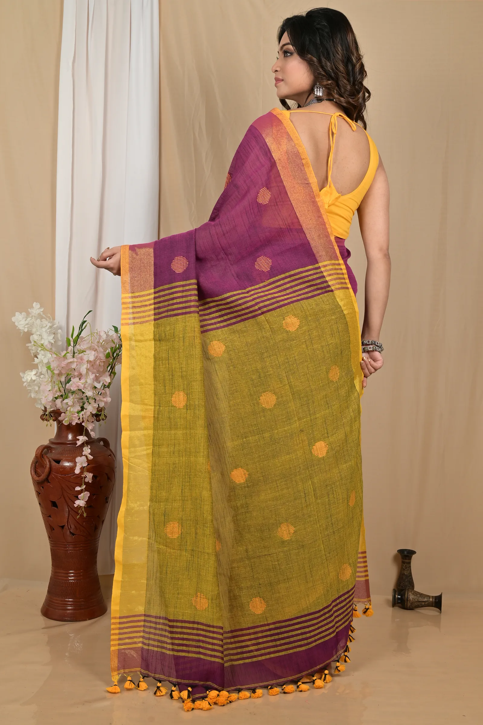 DipDiya Pure Cotton Purpel Yellow Achkol Woven with Love Handloom Sarees