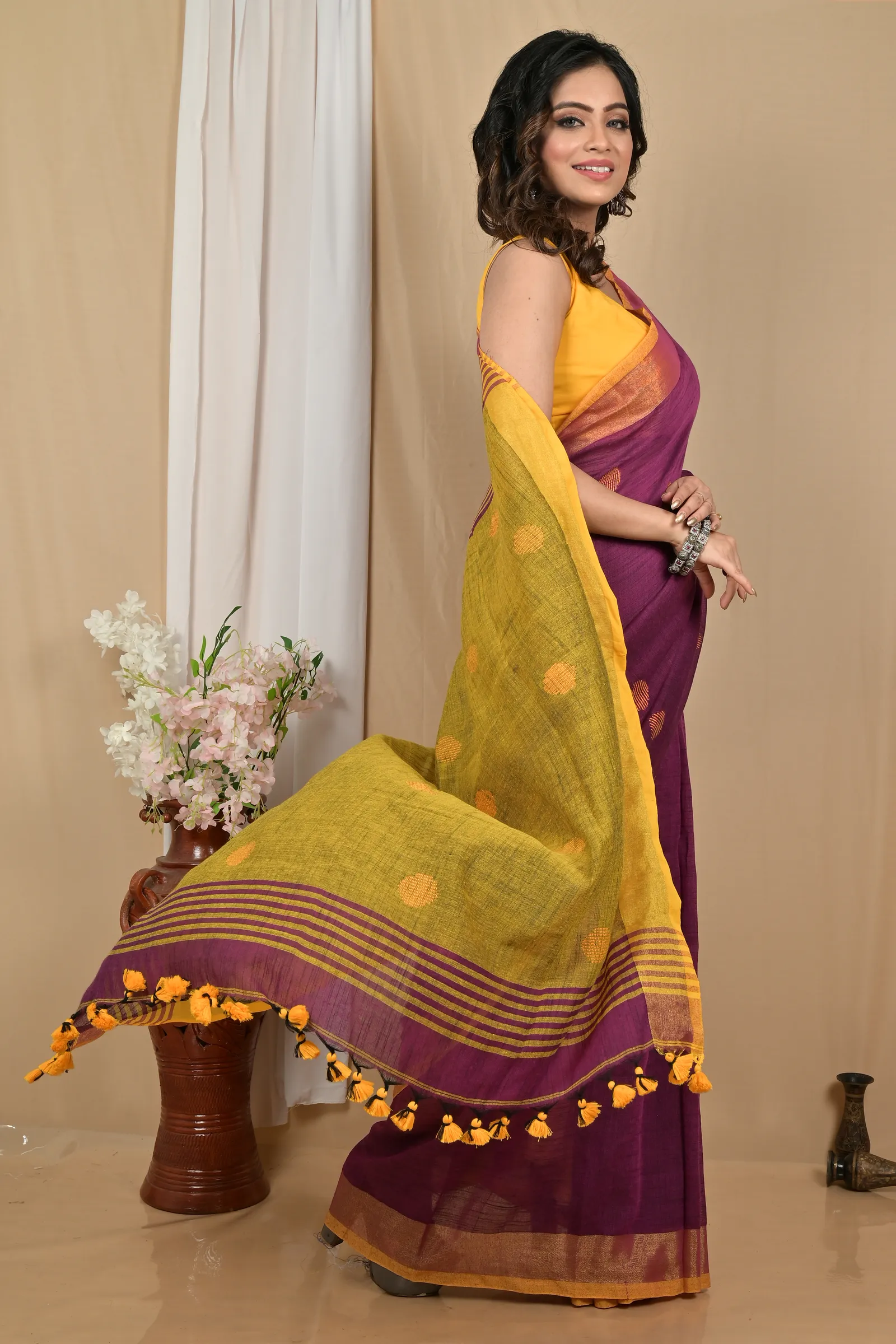 DipDiya Pure Cotton Purpel Yellow Achkol Woven with Love Handloom Sarees