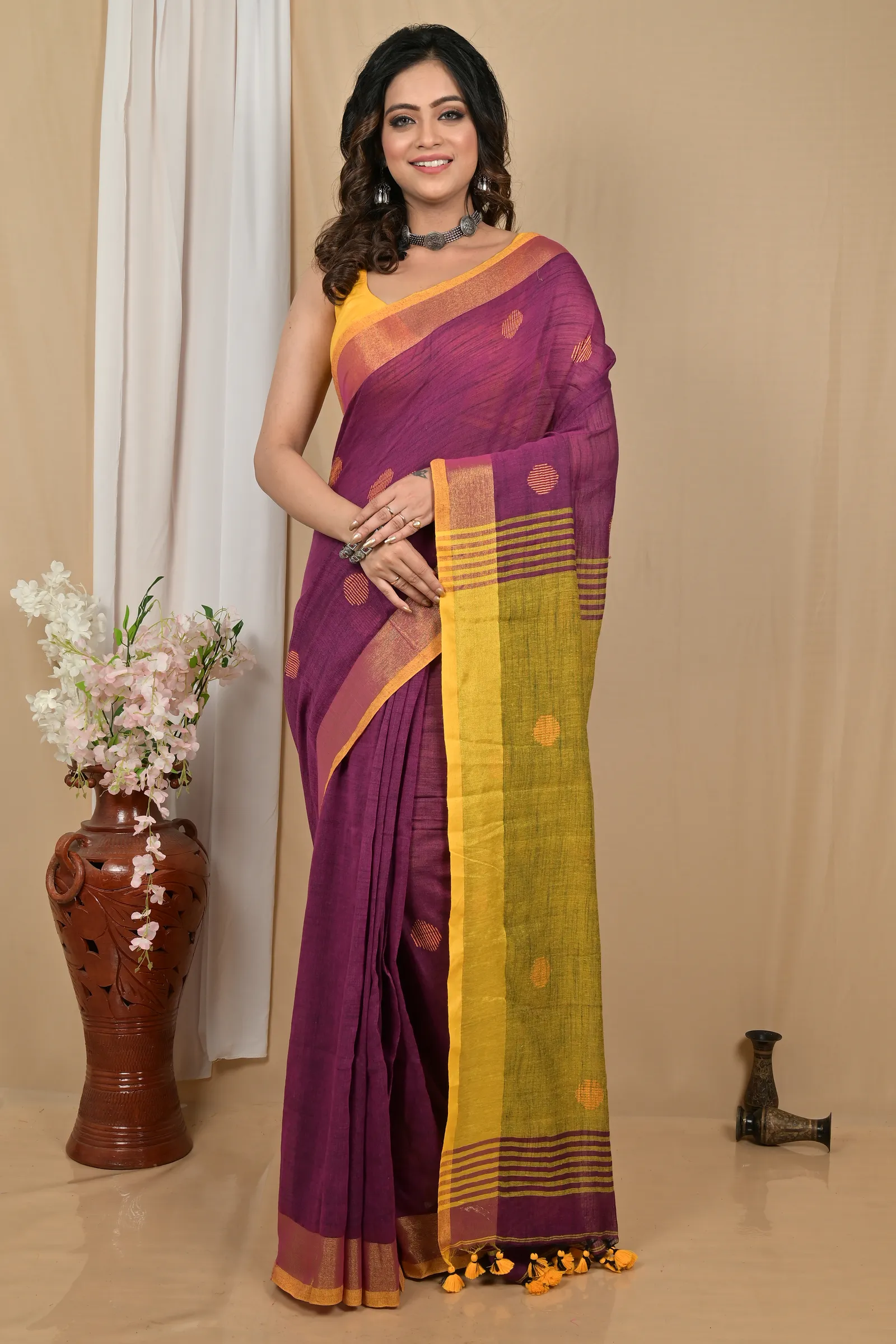 DipDiya Pure Cotton Purpel Yellow Achkol Woven with Love Handloom Sarees