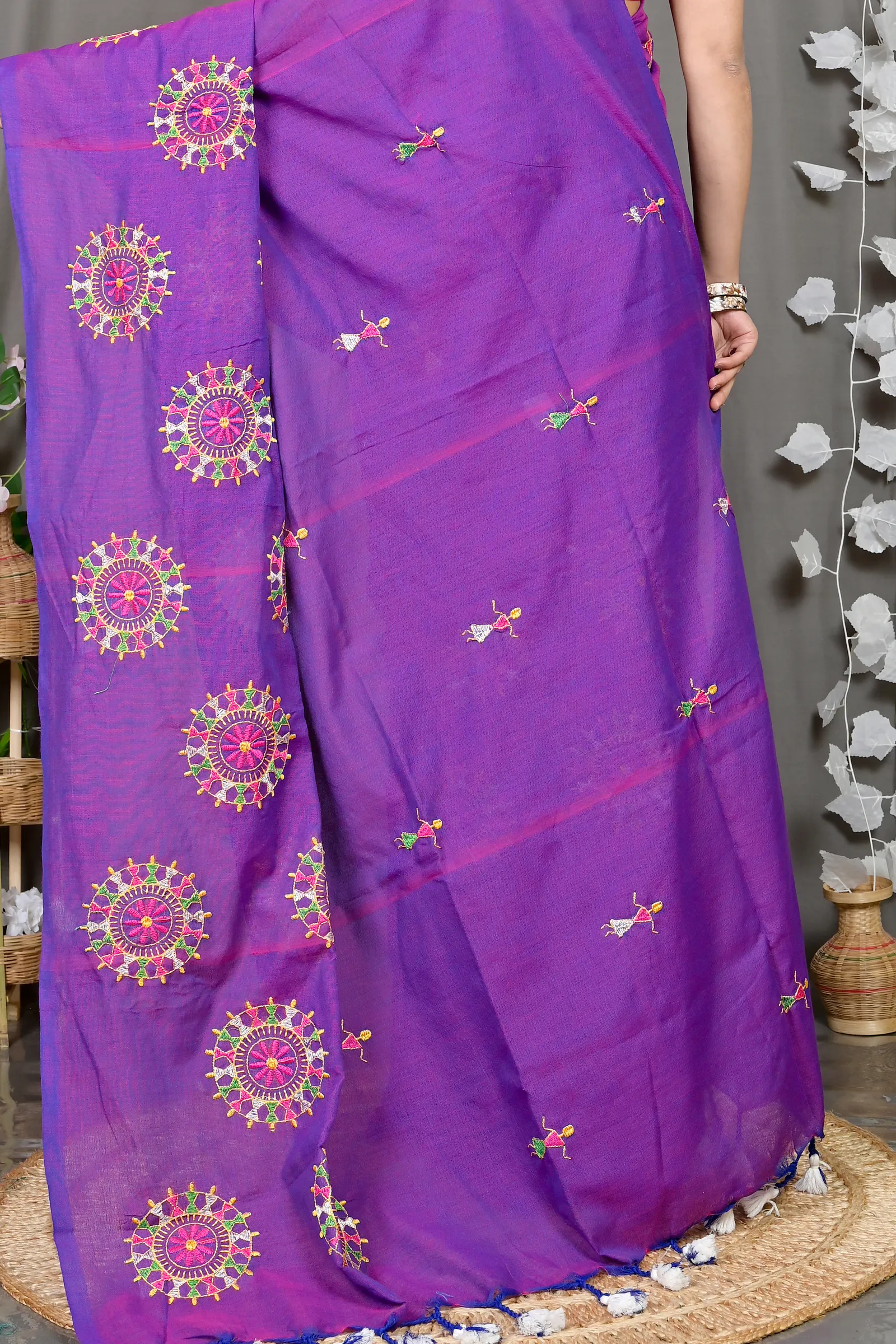 DipDiya Pure Cotton Purple Parama Regal Bengali Embroidery Handloom sarees
