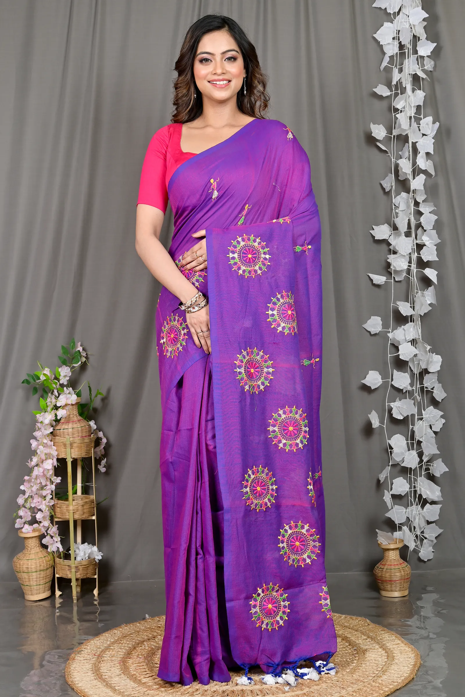 DipDiya Pure Cotton Purple Parama Regal Bengali Embroidery Handloom sarees