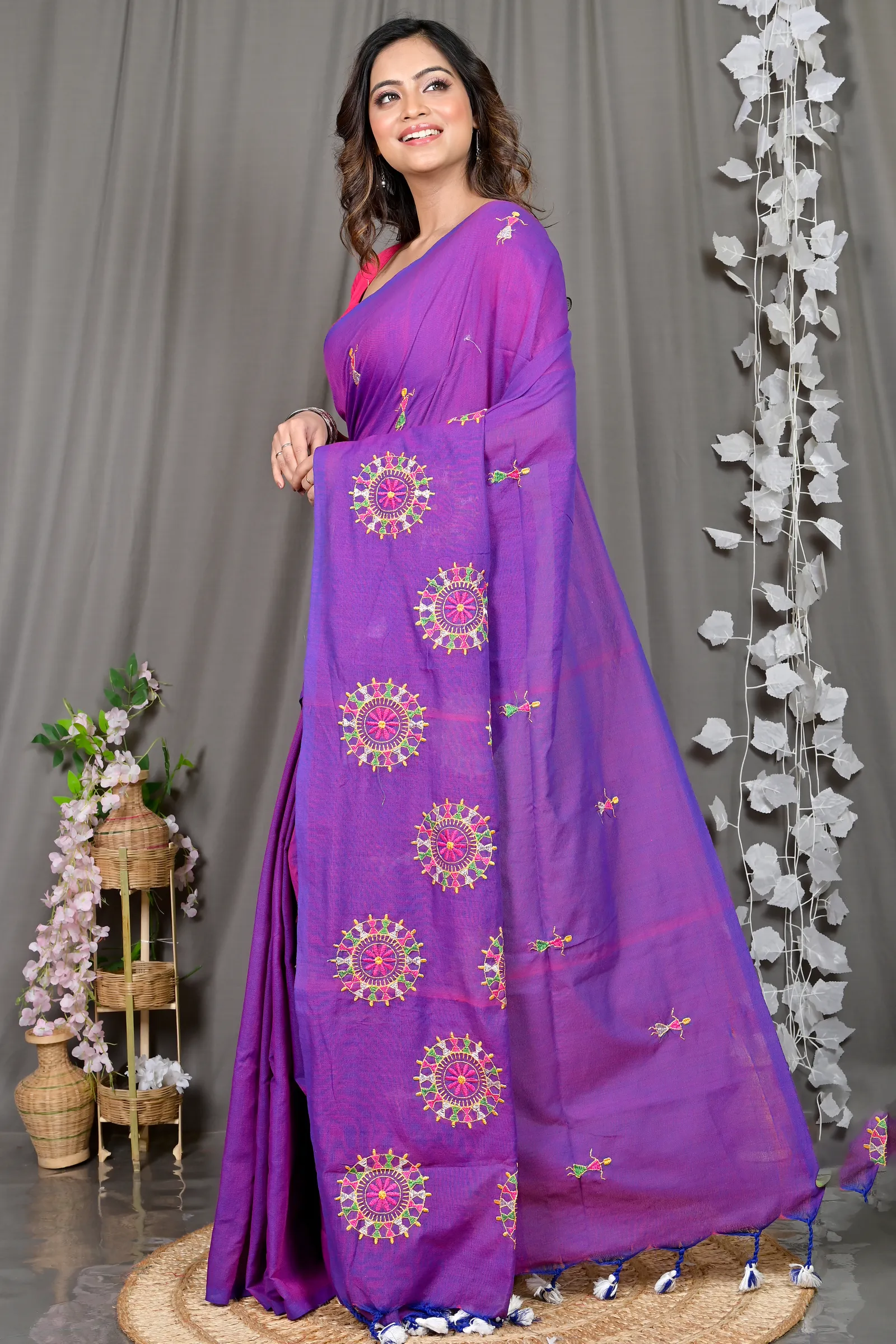 DipDiya Pure Cotton Purple Parama Regal Bengali Embroidery Handloom sarees