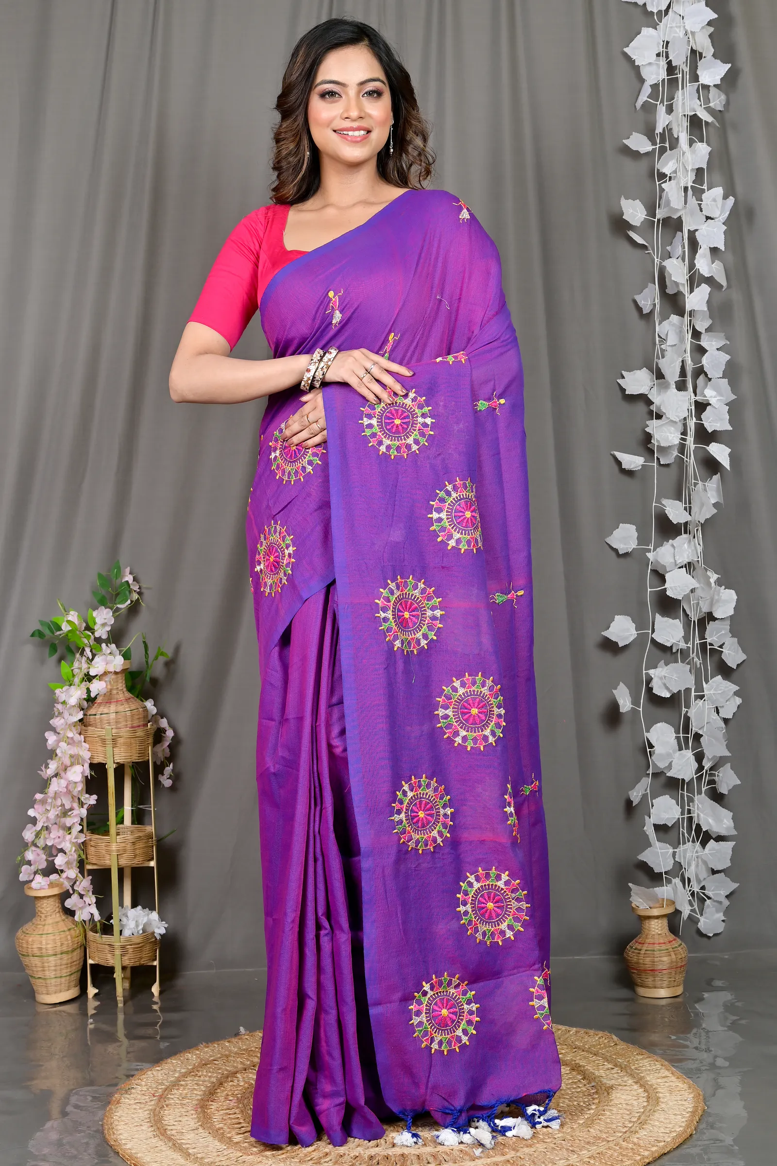 DipDiya Pure Cotton Purple Parama Regal Bengali Embroidery Handloom sarees
