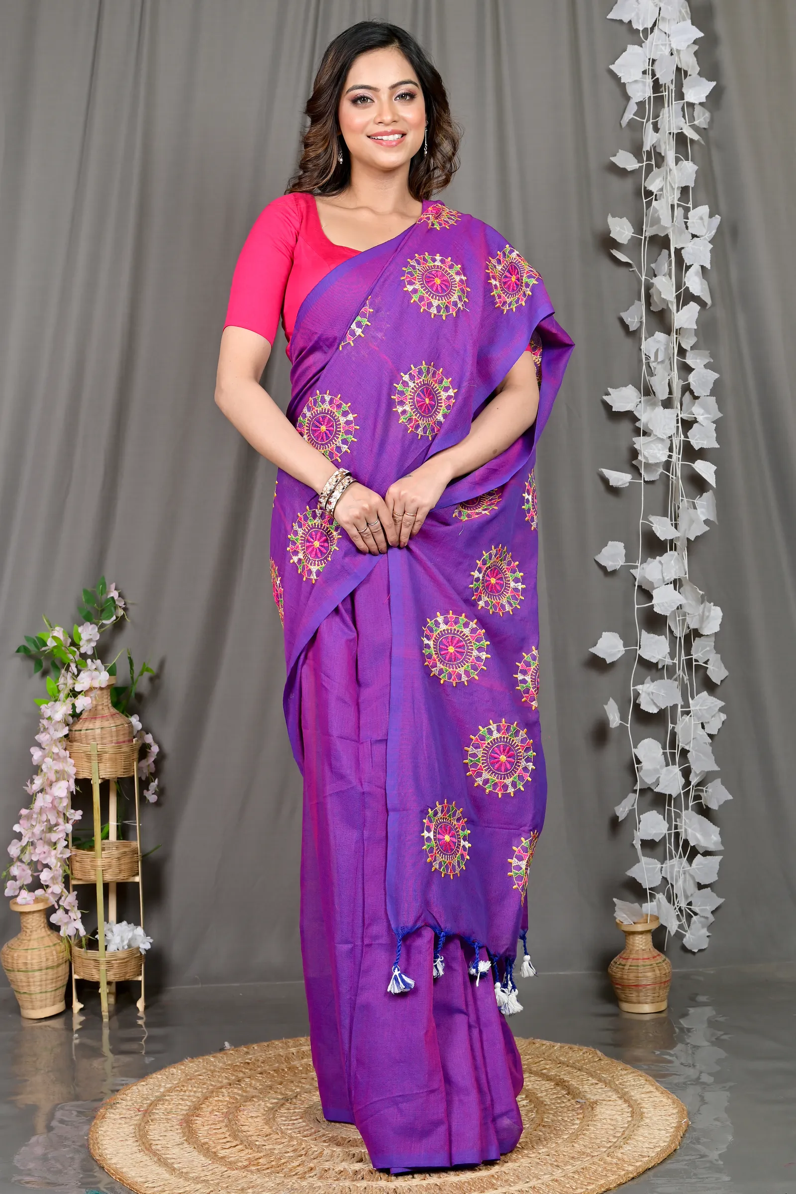 DipDiya Pure Cotton Purple Parama Regal Bengali Embroidery Handloom sarees