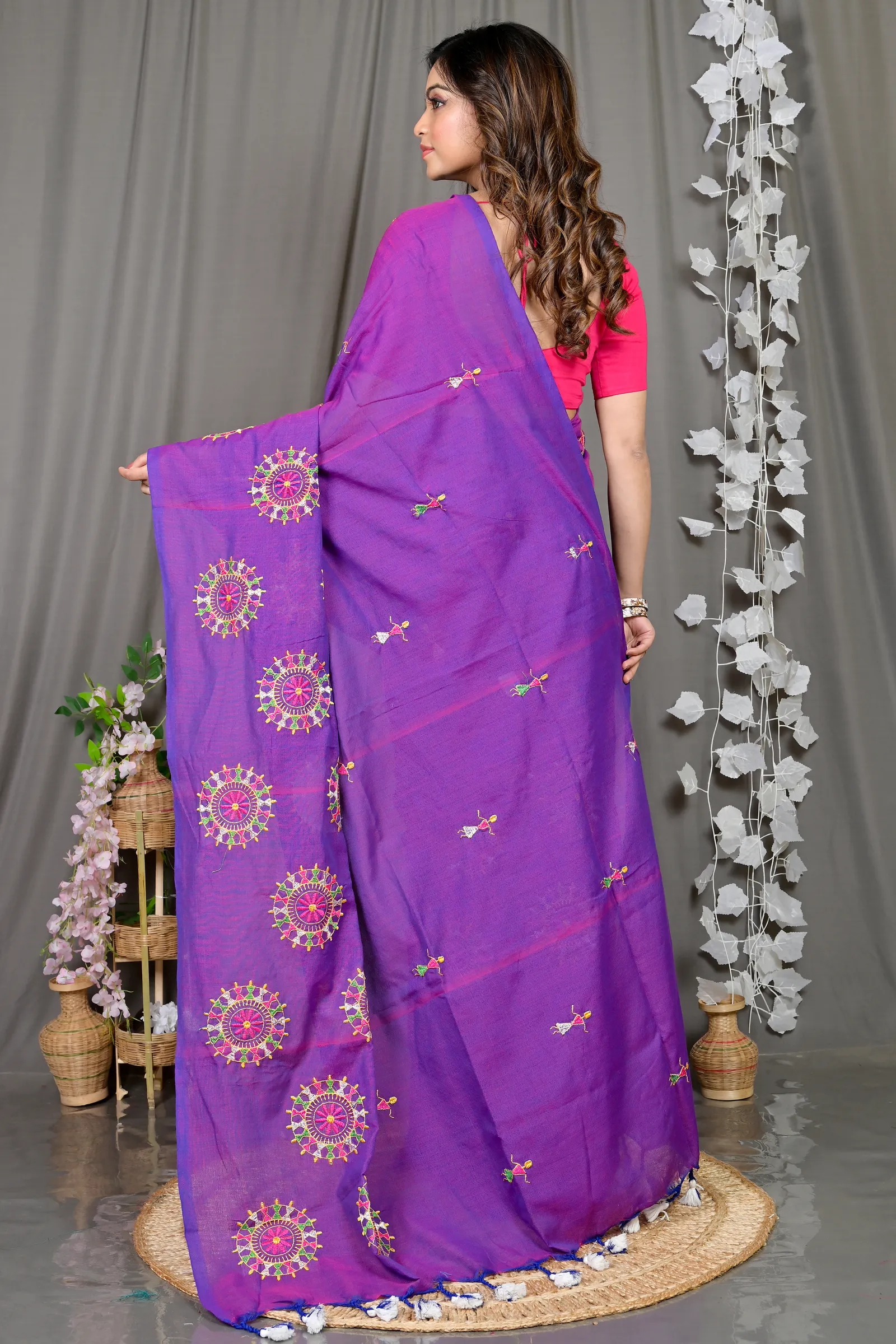 DipDiya Pure Cotton Purple Parama Regal Bengali Embroidery Handloom sarees