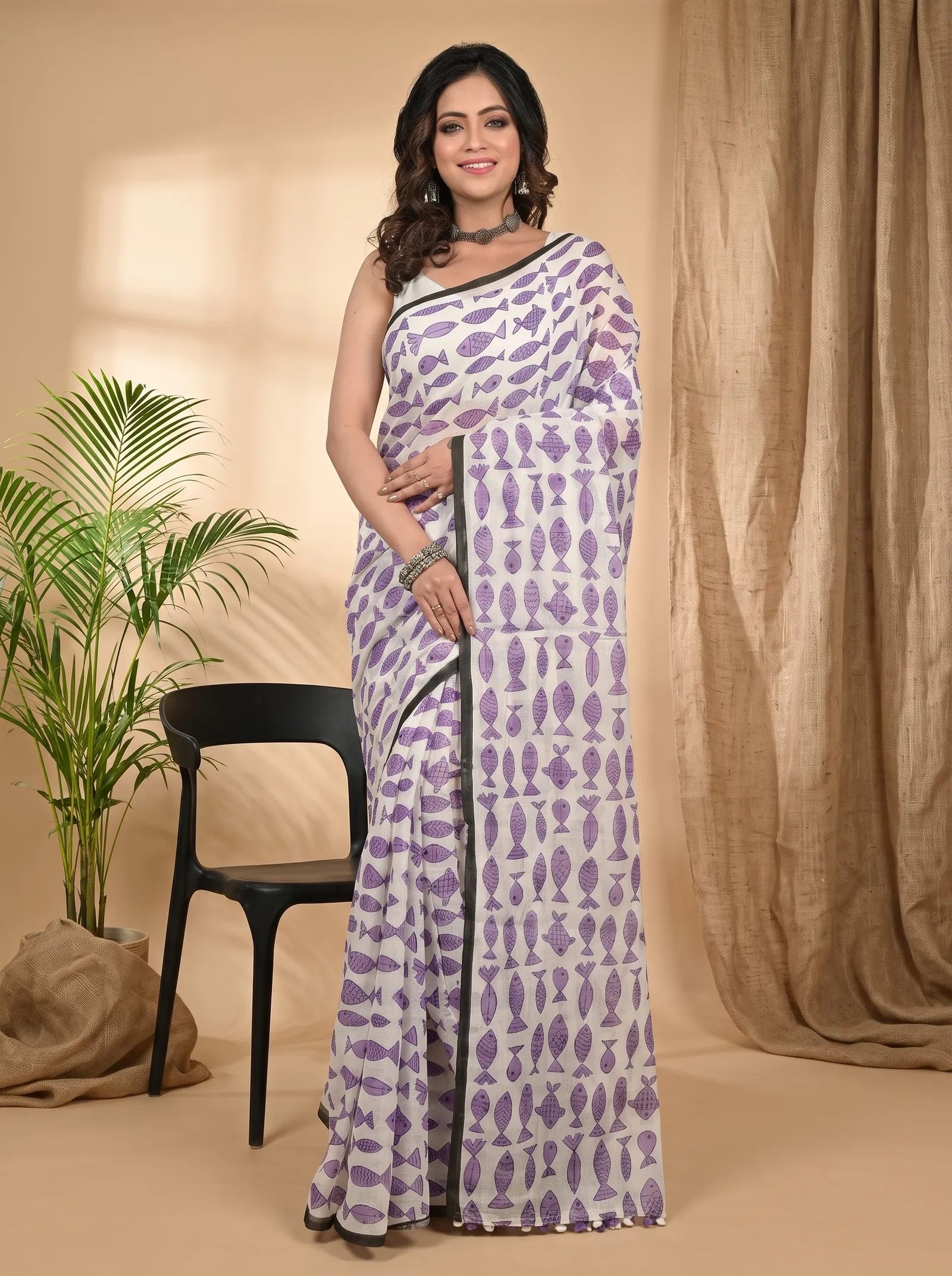 DipDiya Pure Cotton Purple White Achdik Elegant by Tradition Kalamkari Printed Sarees