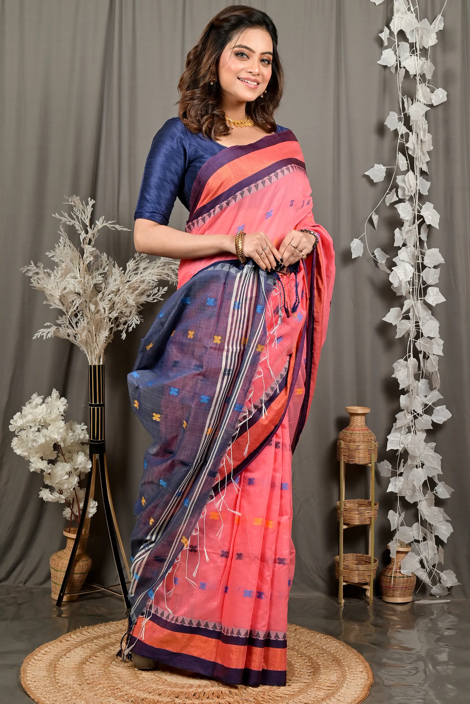 DipDiya Pure Cotton Rani Pink Blue Debasi Classic Grace Handloom Sarees