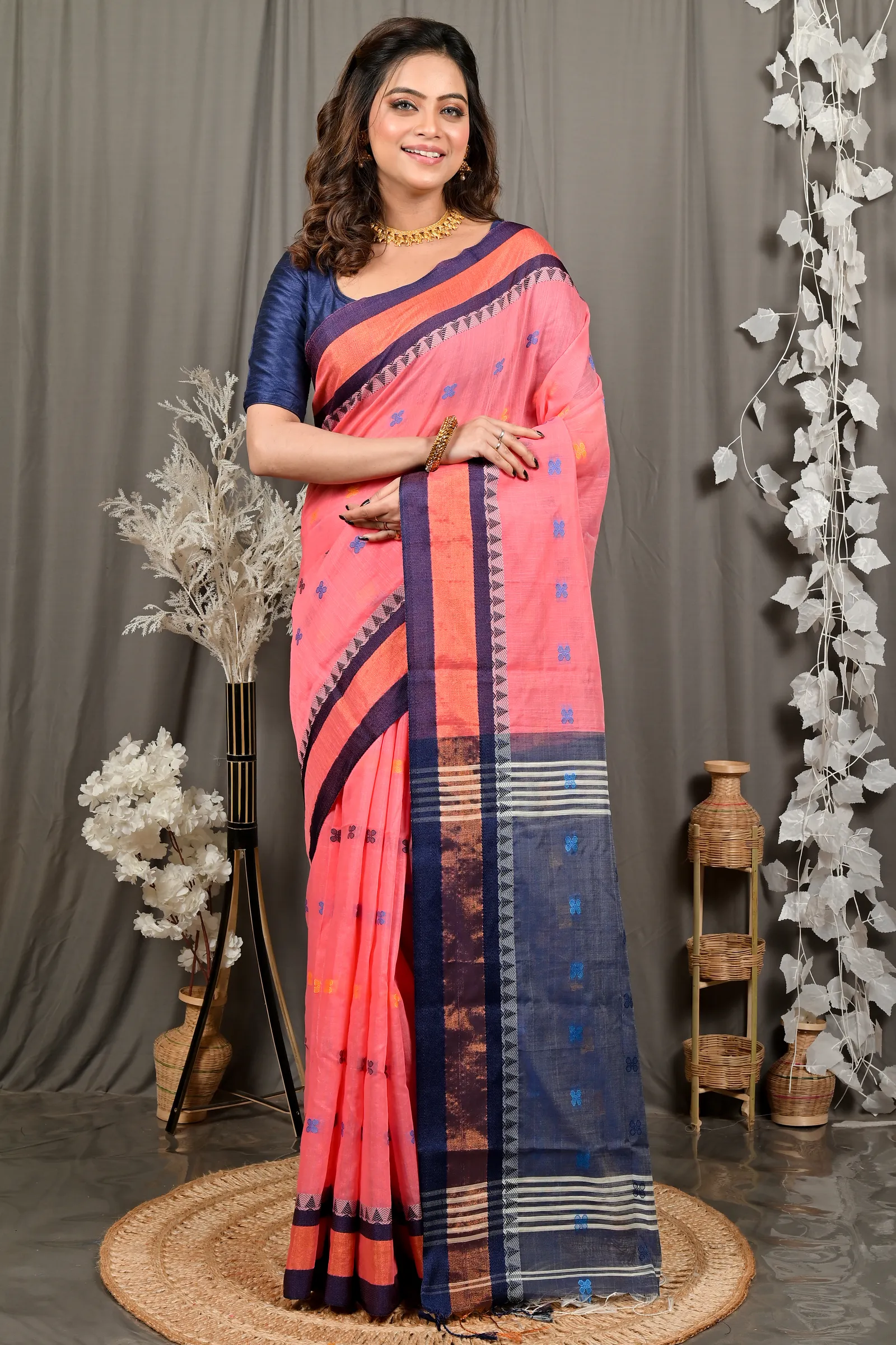 DipDiya Pure Cotton Rani Pink Blue Debasi Classic Grace Handloom Sarees