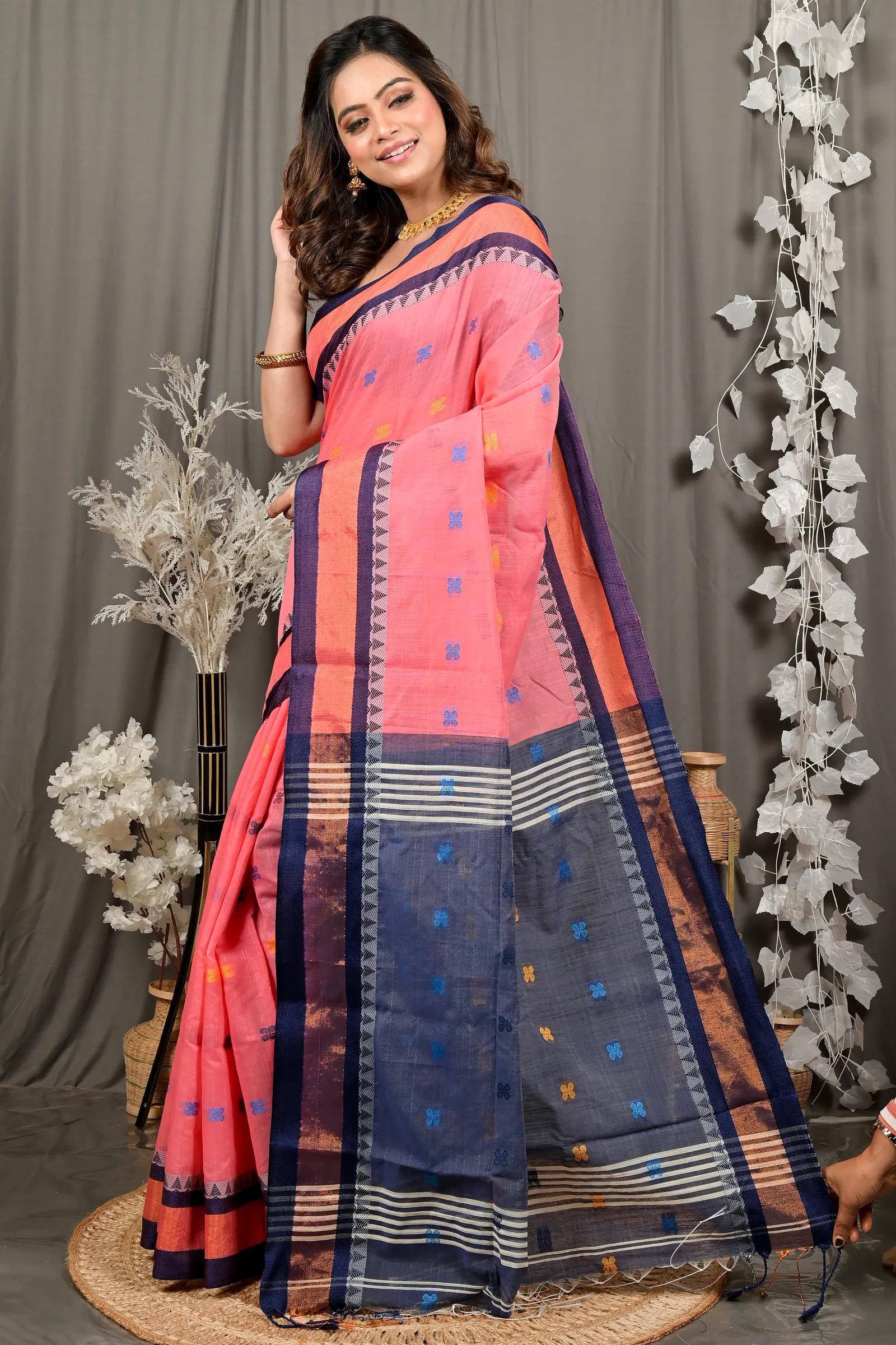 DipDiya Pure Cotton Rani Pink Blue Debasi Classic Grace Handloom Sarees