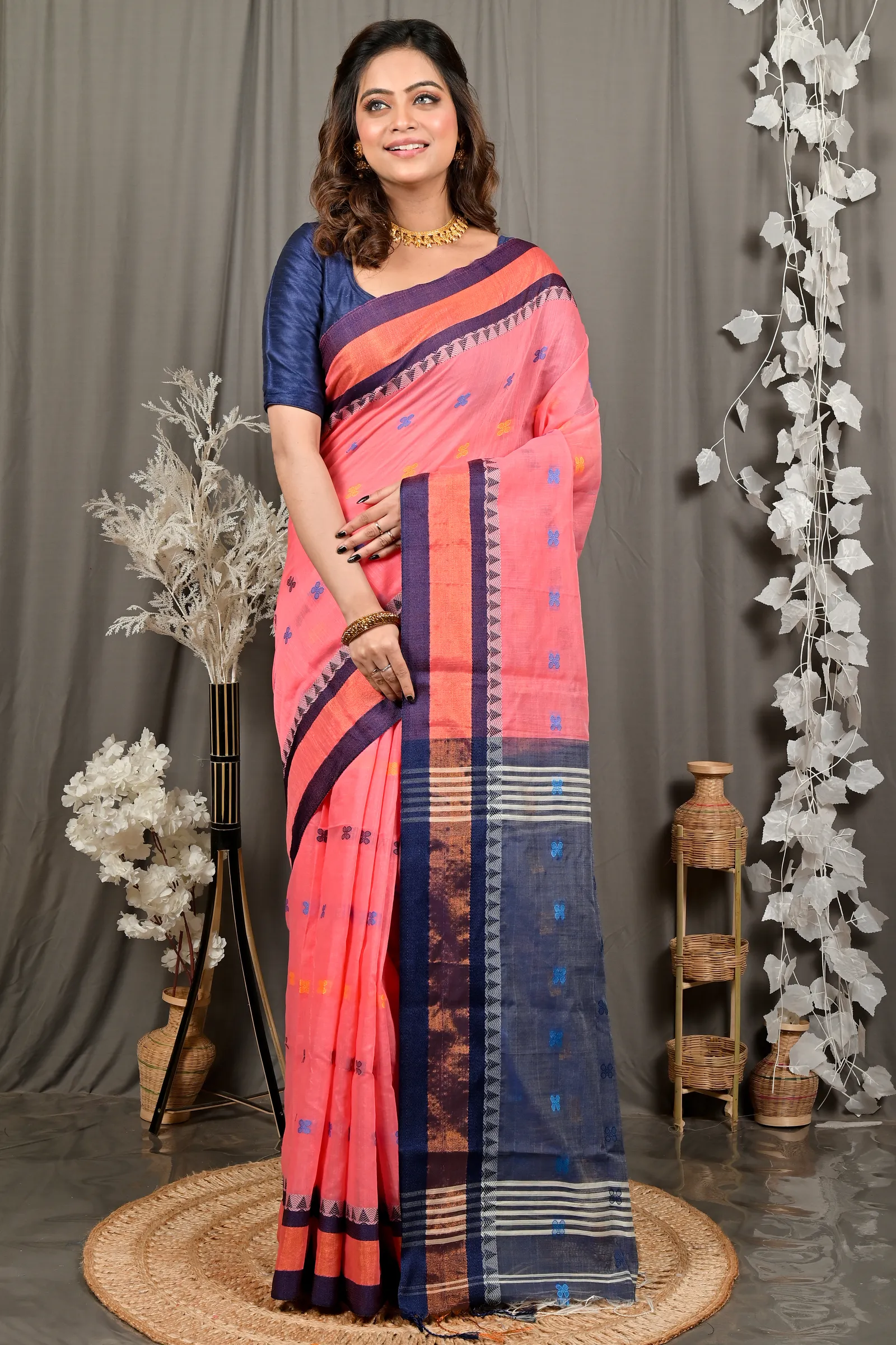 DipDiya Pure Cotton Rani Pink Blue Debasi Classic Grace Handloom Sarees