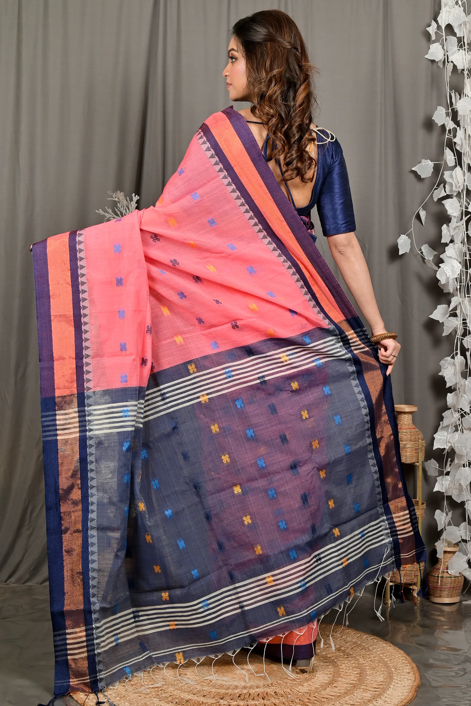 DipDiya Pure Cotton Rani Pink Blue Debasi Classic Grace Handloom Sarees