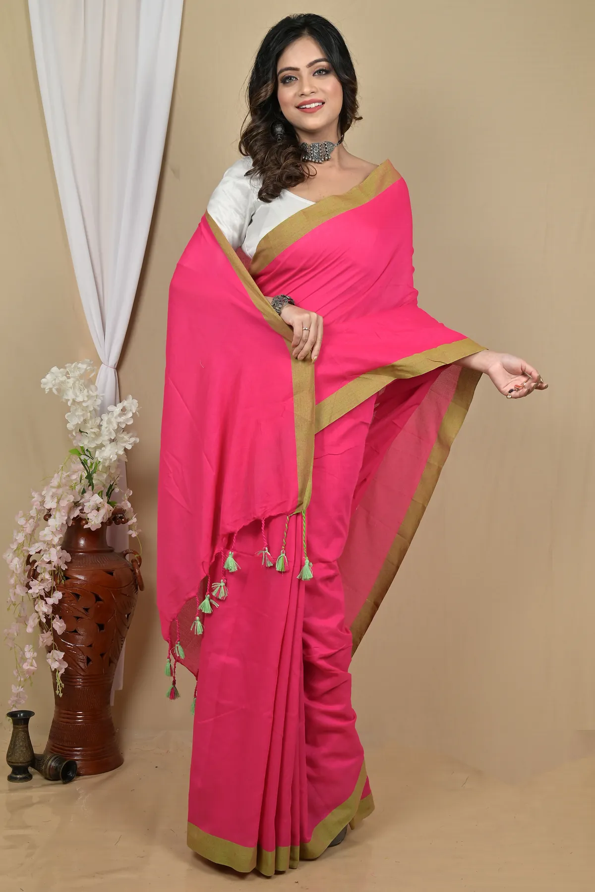 DipDiya Pure Cotton Rani Pink Gittu Bengali Heritage Handloom Sarees