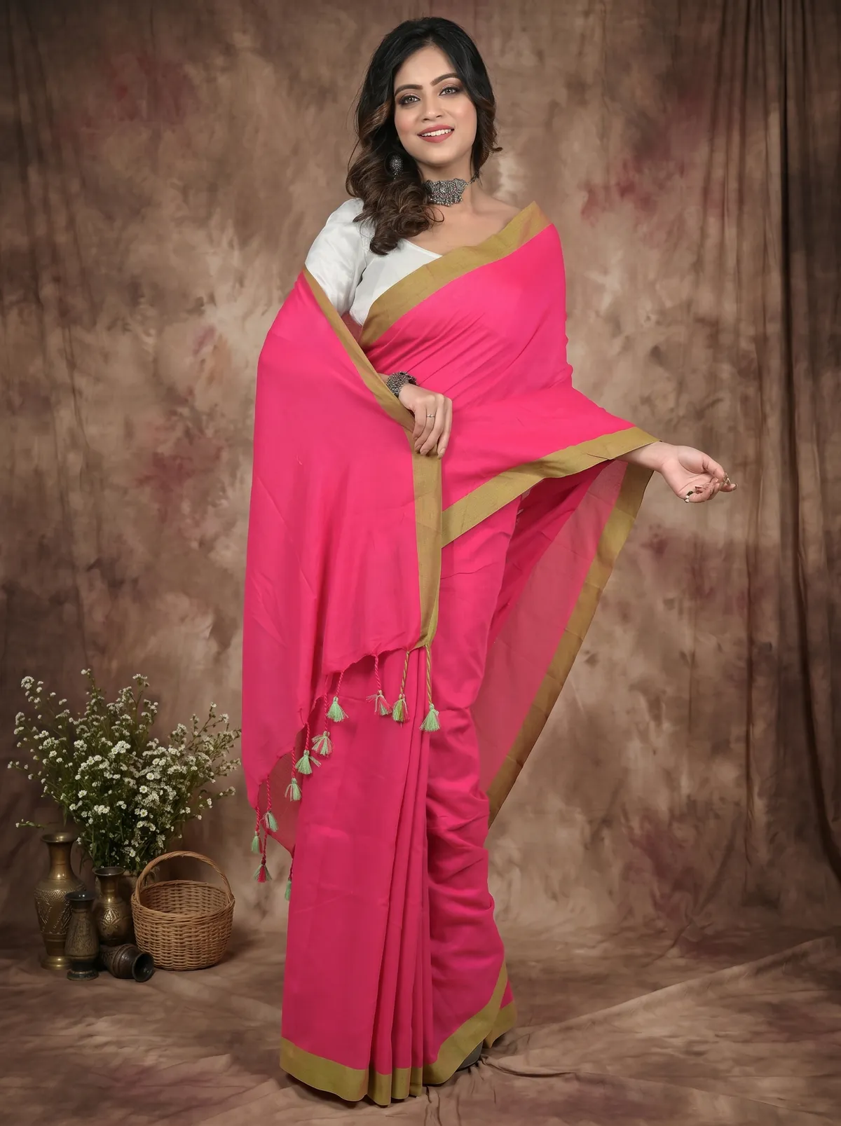 DipDiya Pure Cotton Rani Pink Gittu Bengali Heritage Handloom Sarees