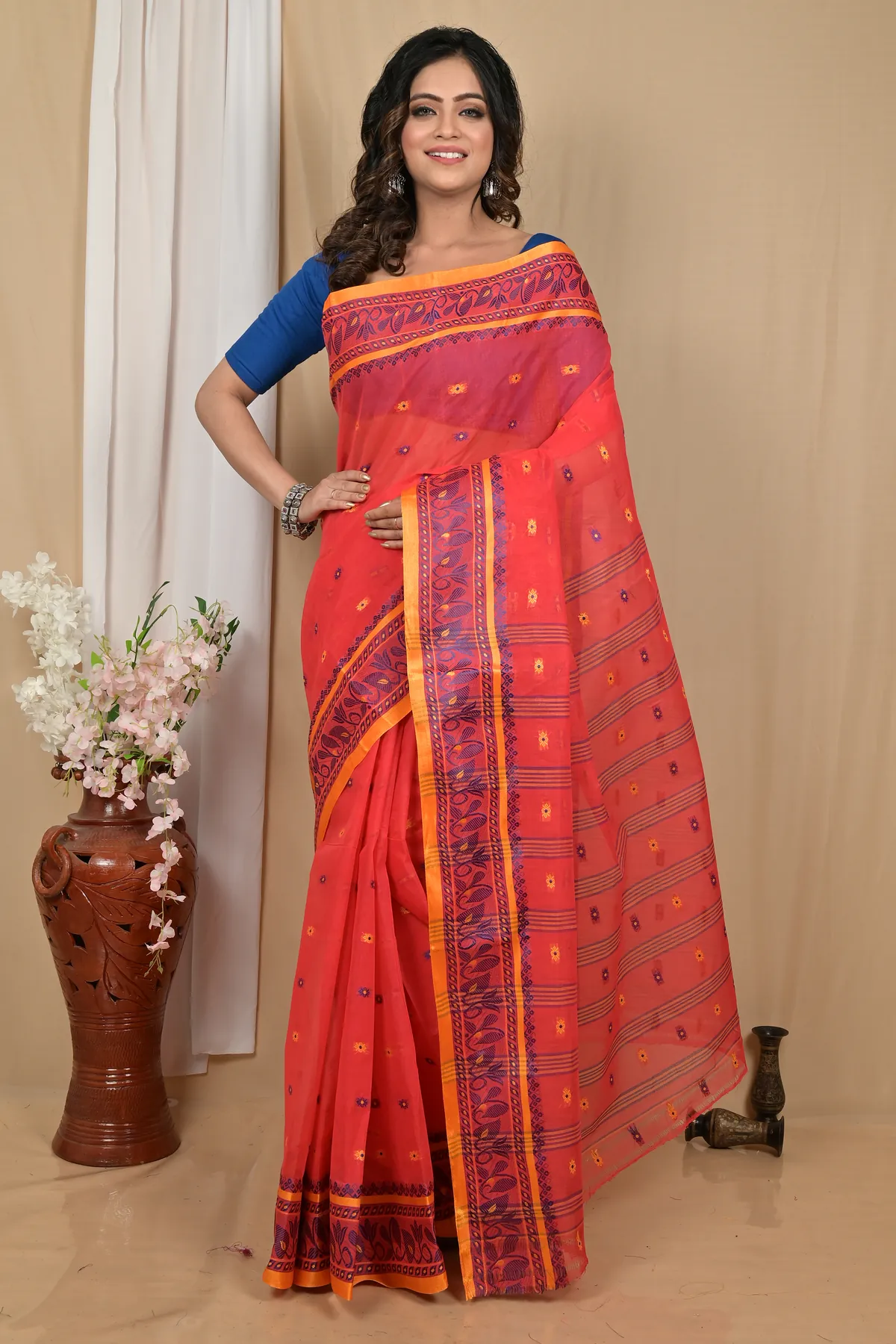 DipDiya Pure Cotton Red Achlin Crafted by Artisans Tant Sarees