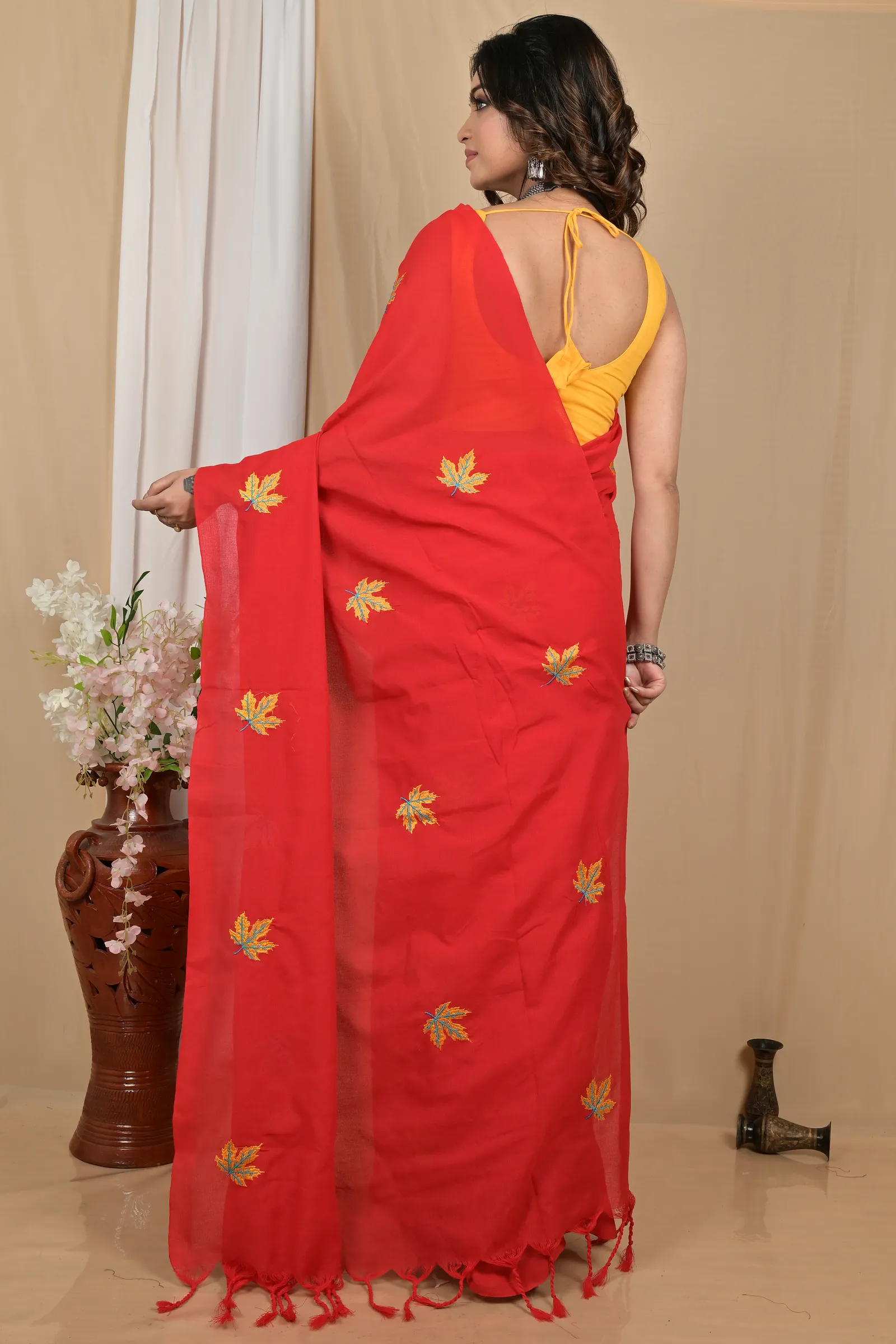 DipDiya Pure Cotton Red Achrun Handcrafted Elegance Embroidery Handloom sarees