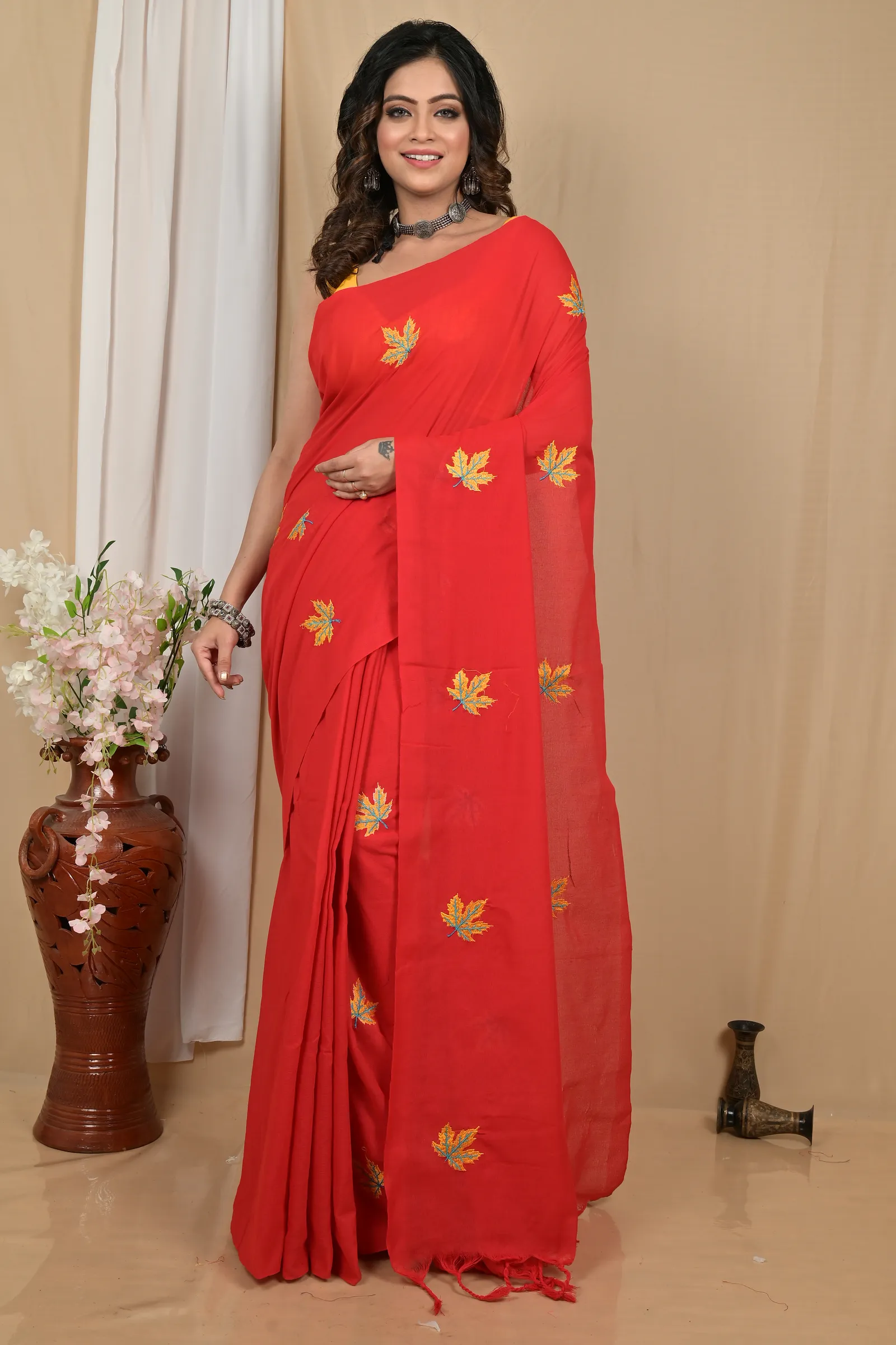 DipDiya Pure Cotton Red Achrun Handcrafted Elegance Embroidery Handloom sarees