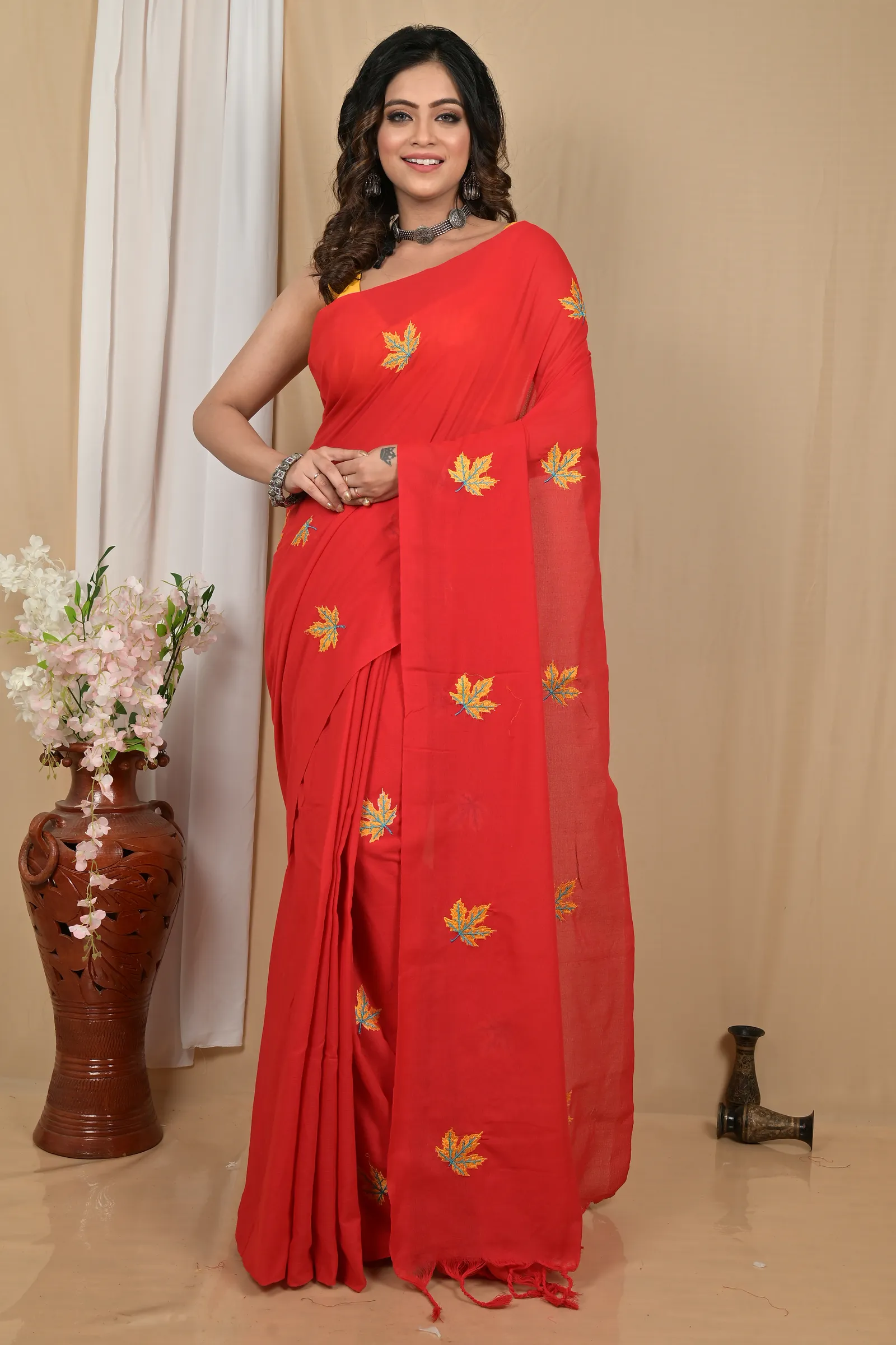 DipDiya Pure Cotton Red Achrun Handcrafted Elegance Embroidery Handloom sarees