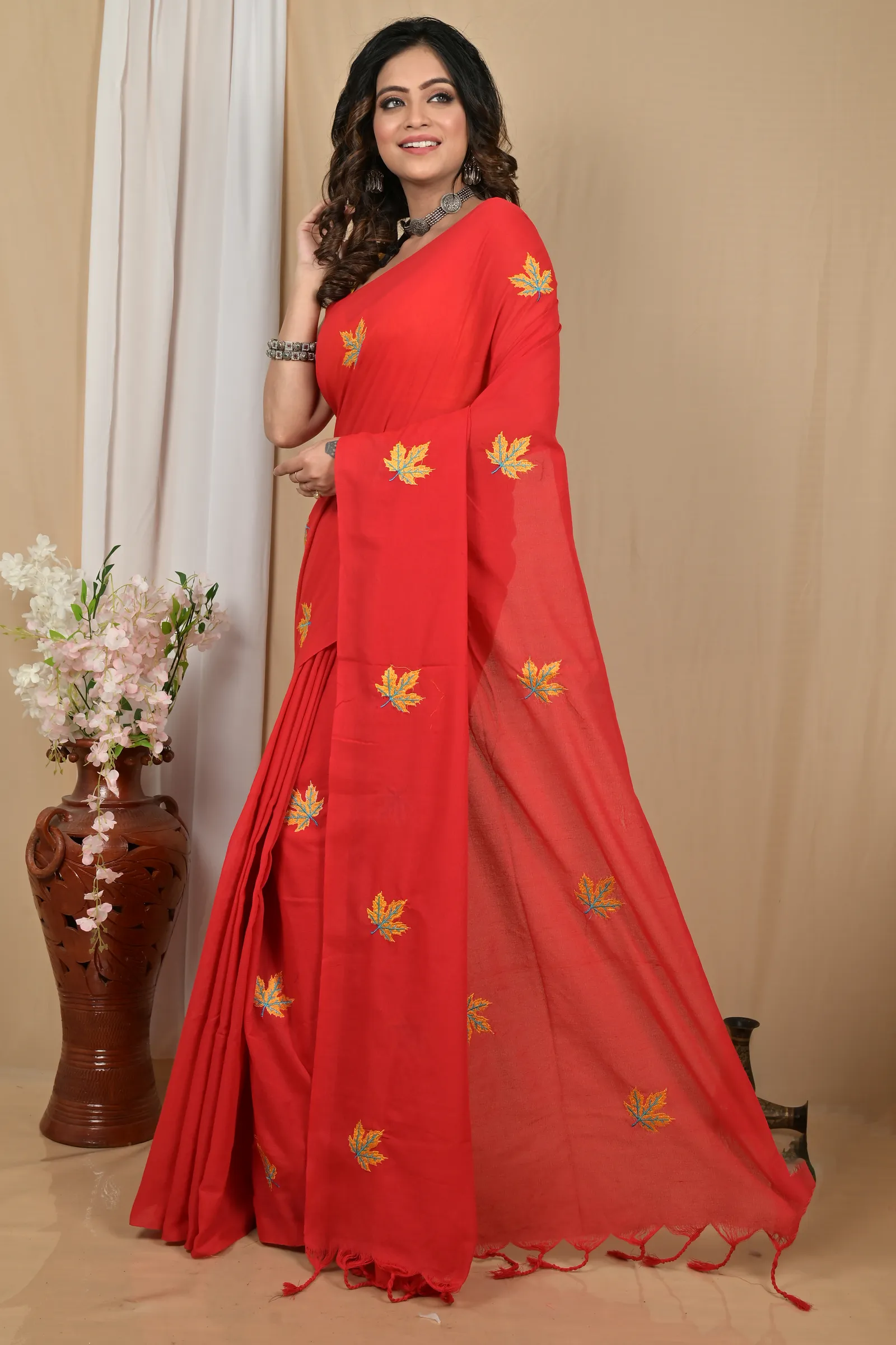 DipDiya Pure Cotton Red Achrun Handcrafted Elegance Embroidery Handloom sarees