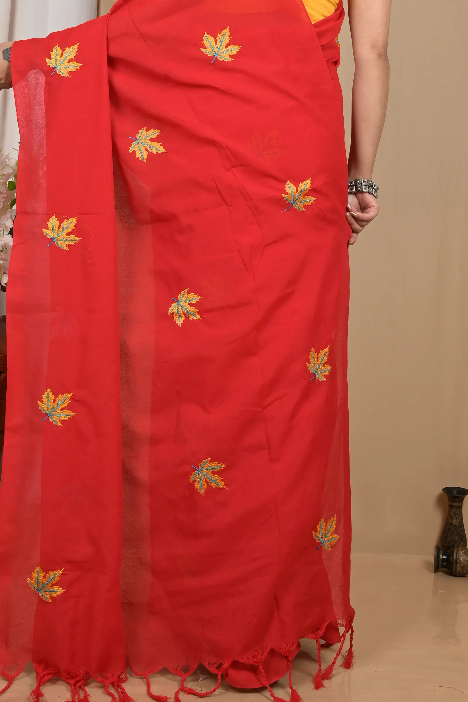 DipDiya Pure Cotton Red Achrun Handcrafted Elegance Embroidery Handloom sarees
