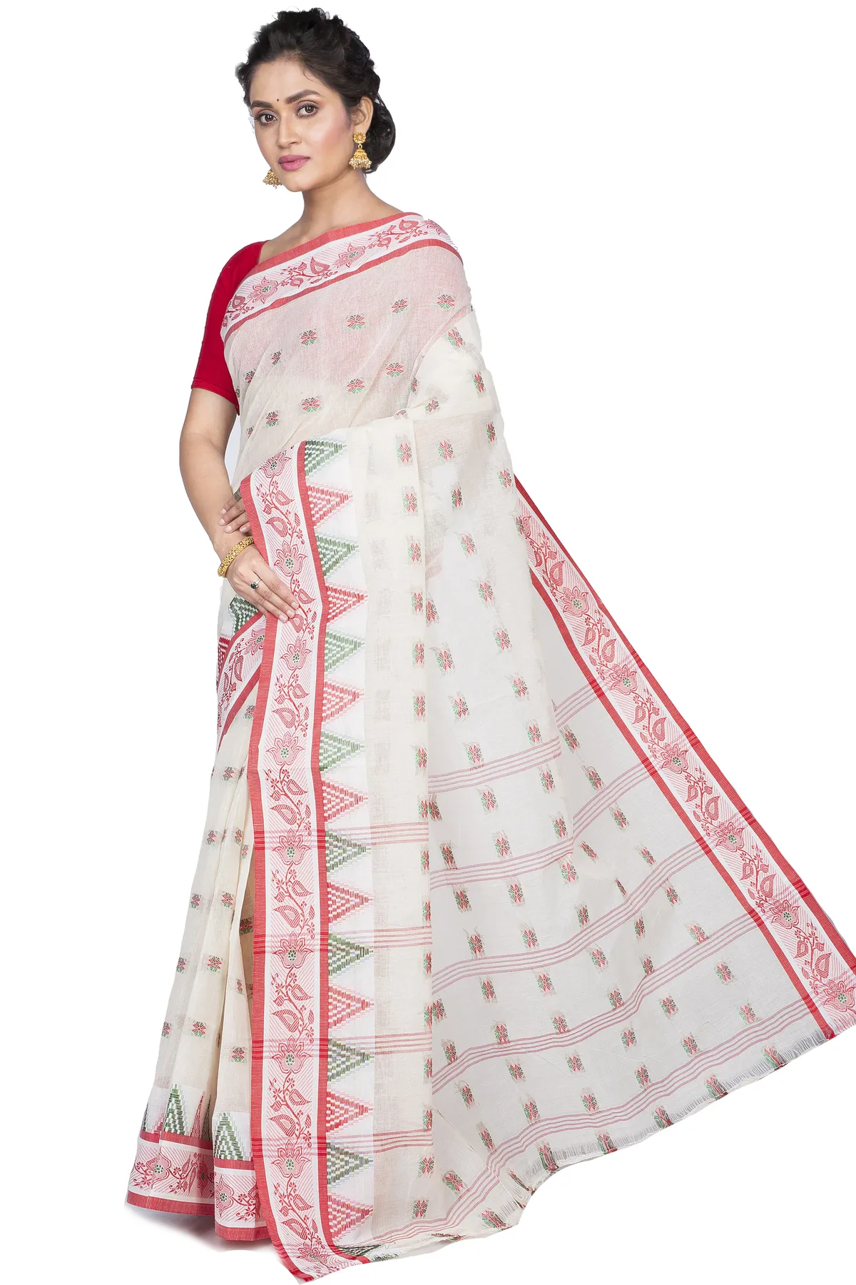 DipDiya Pure Cotton Red Alkari The Bengali Classic Tant Sarees