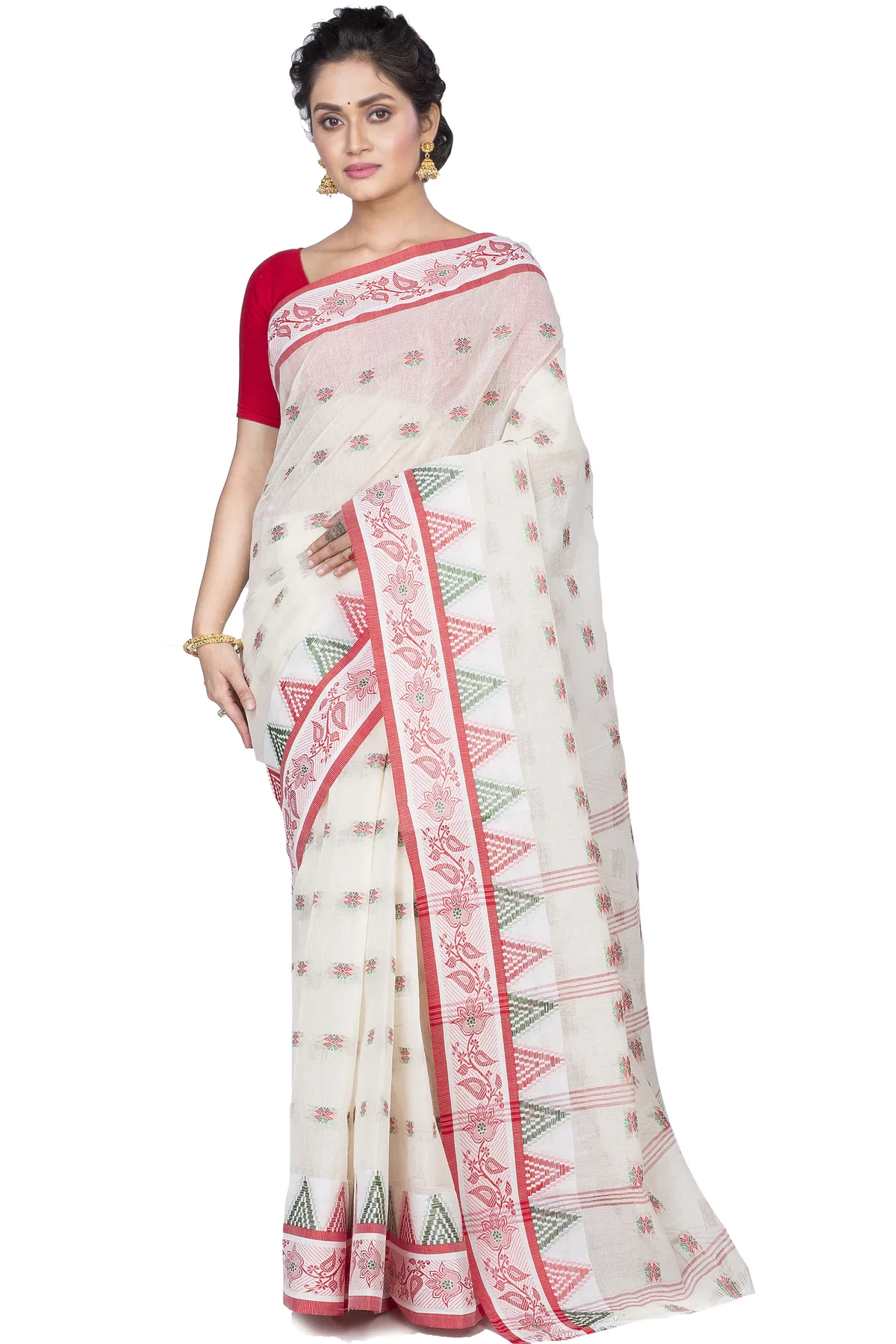DipDiya Pure Cotton Red Alkari The Bengali Classic Tant Sarees
