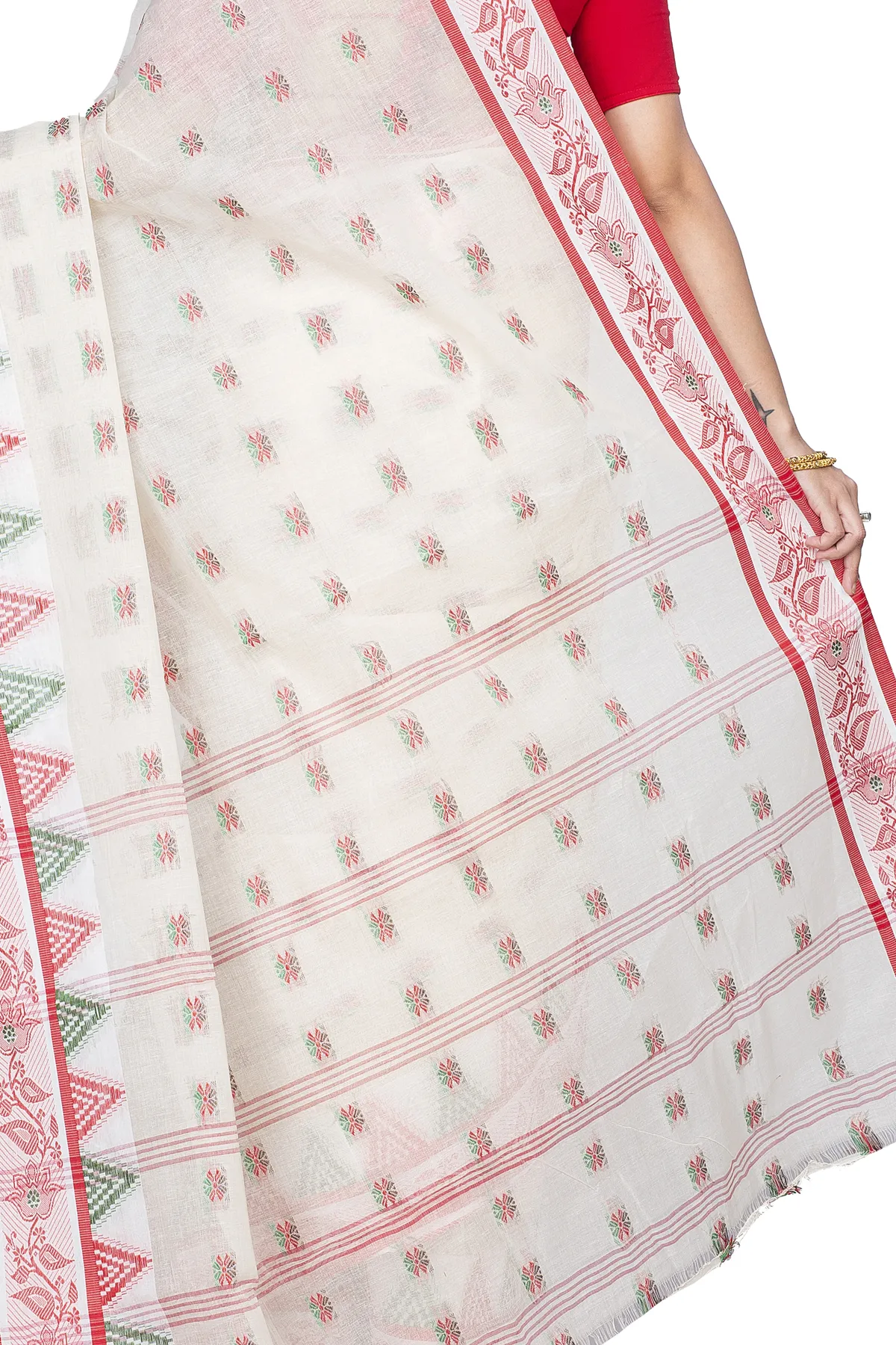 DipDiya Pure Cotton Red Alkari The Bengali Classic Tant Sarees