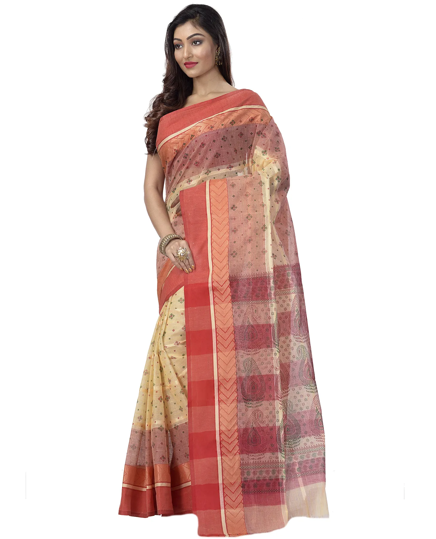 DipDiya Pure Cotton Red ANARKOLI PRINT Artisan Crafted Printed Tant Sarees