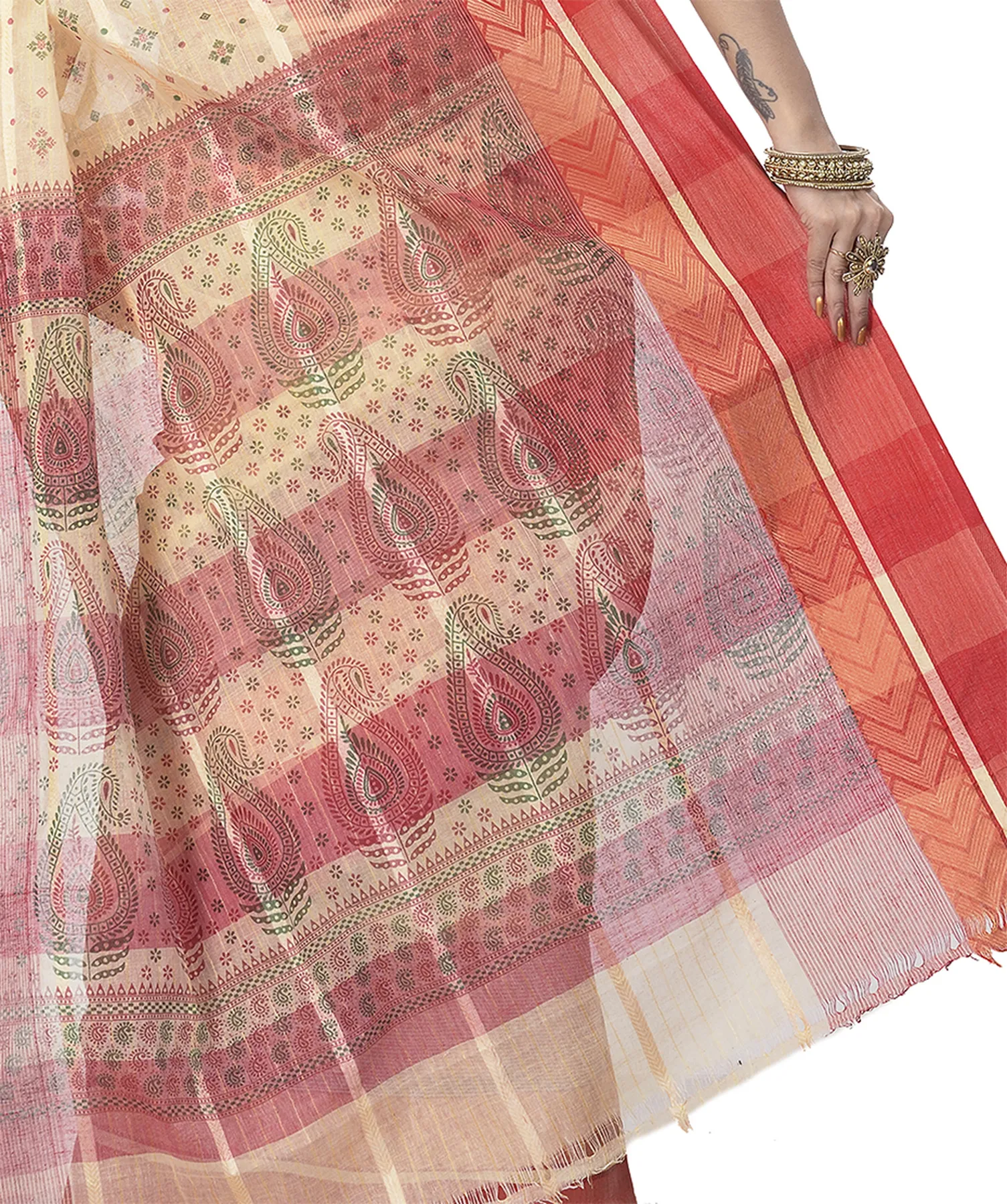 DipDiya Pure Cotton Red ANARKOLI PRINT Artisan Crafted Printed Tant Sarees