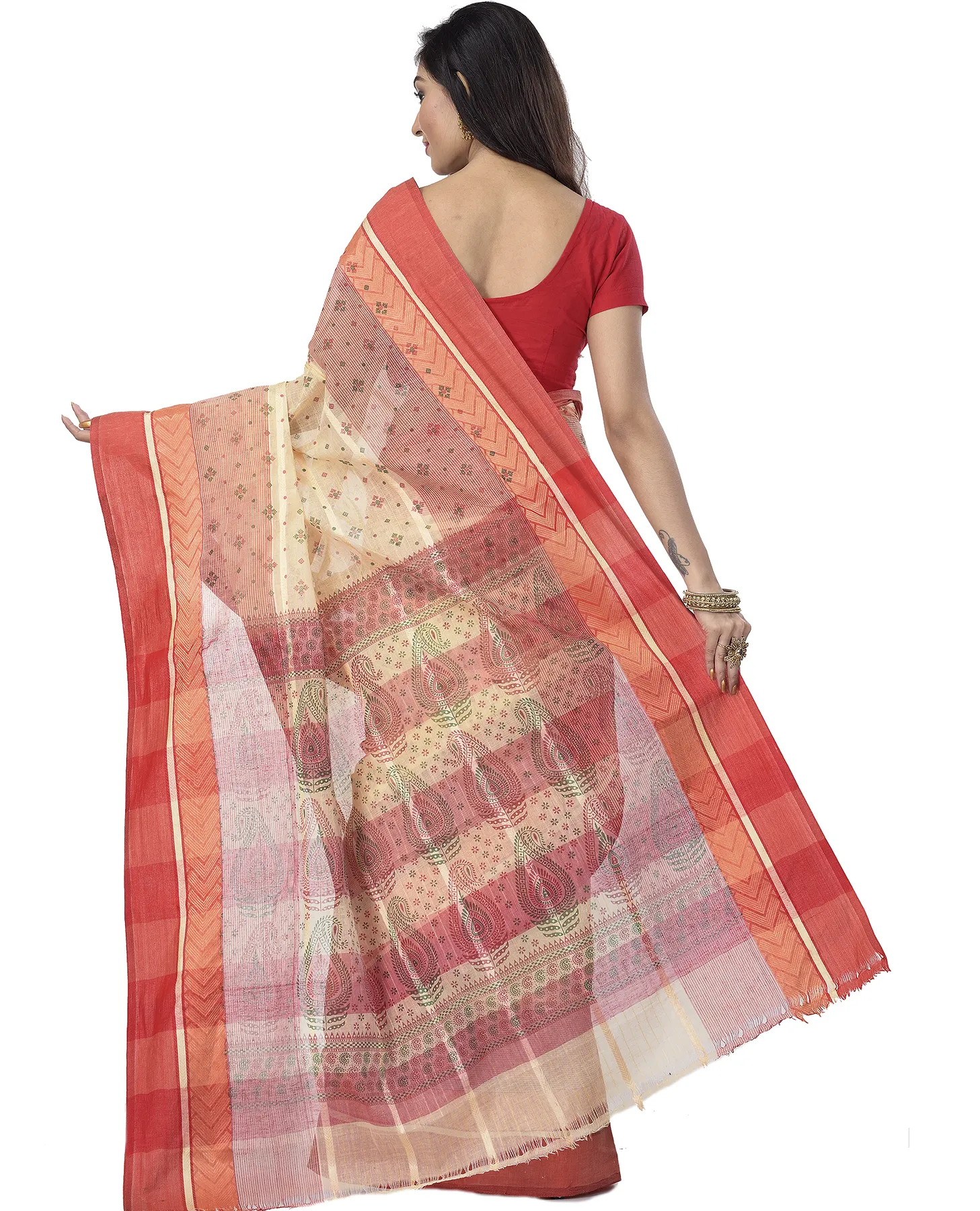 DipDiya Pure Cotton Red ANARKOLI PRINT Artisan Crafted Printed Tant Sarees