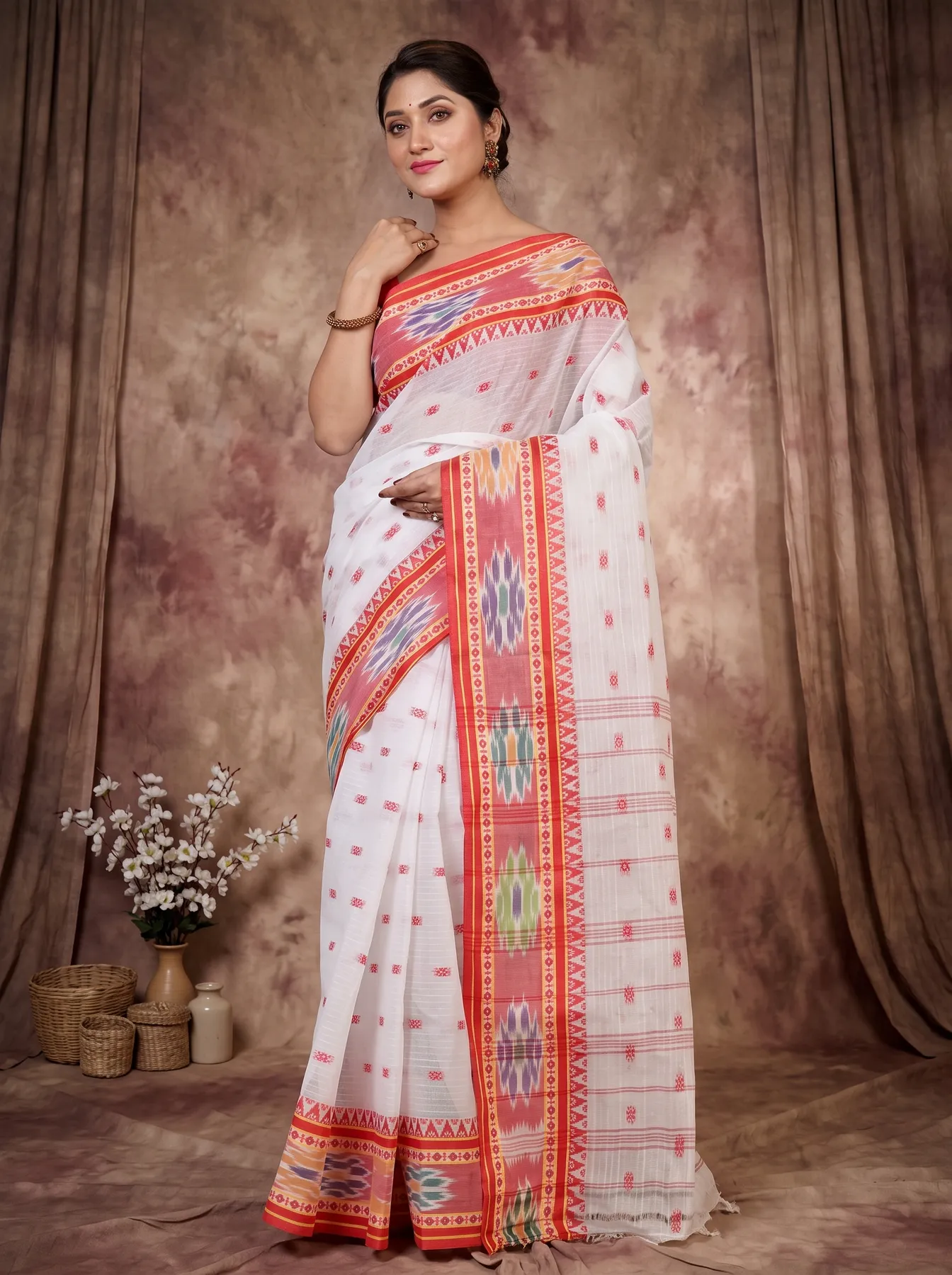 DipDiya Pure Cotton Red and White Hema Elegance in Every Weave Tant Sarees