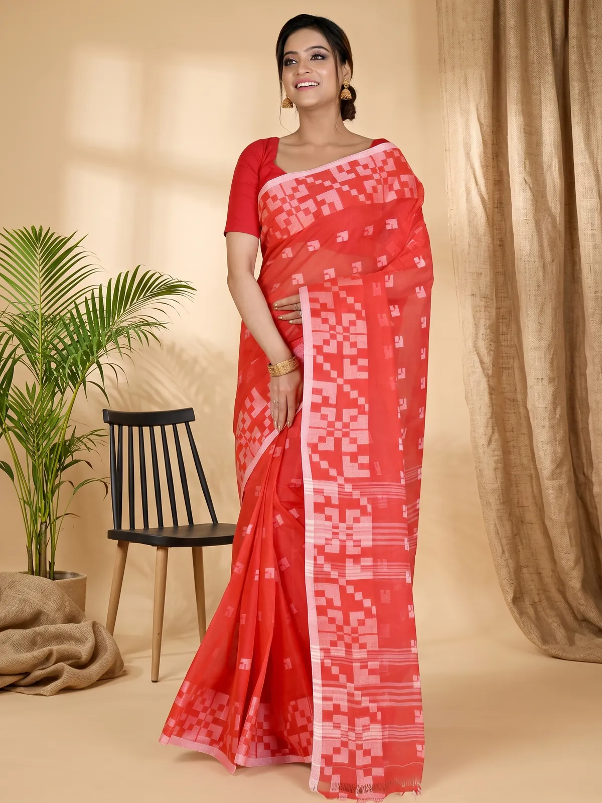 DipDiya Pure Cotton Red Aptuk Traditional Elegance Tant Sarees