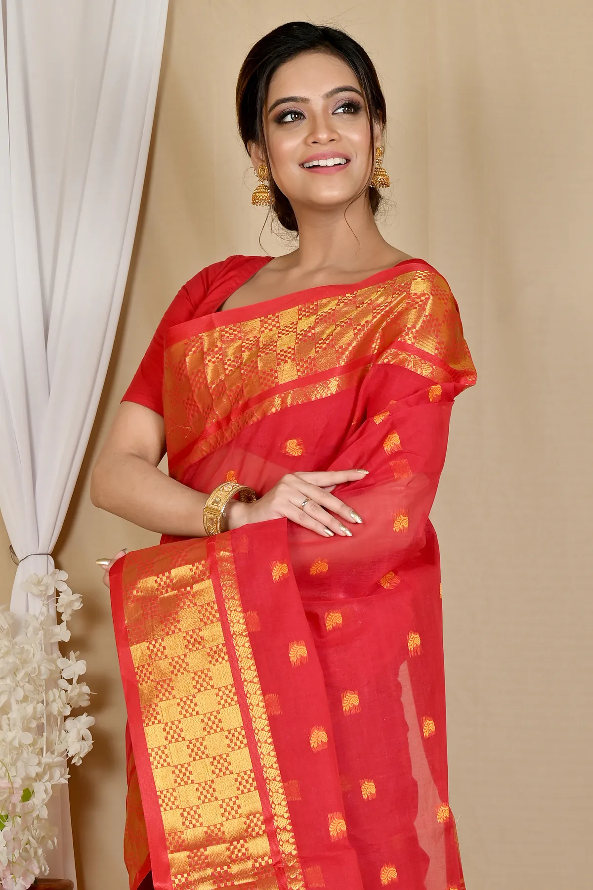 DipDiya Pure Cotton Red Atula Wrapped in Heritage Tant Sarees