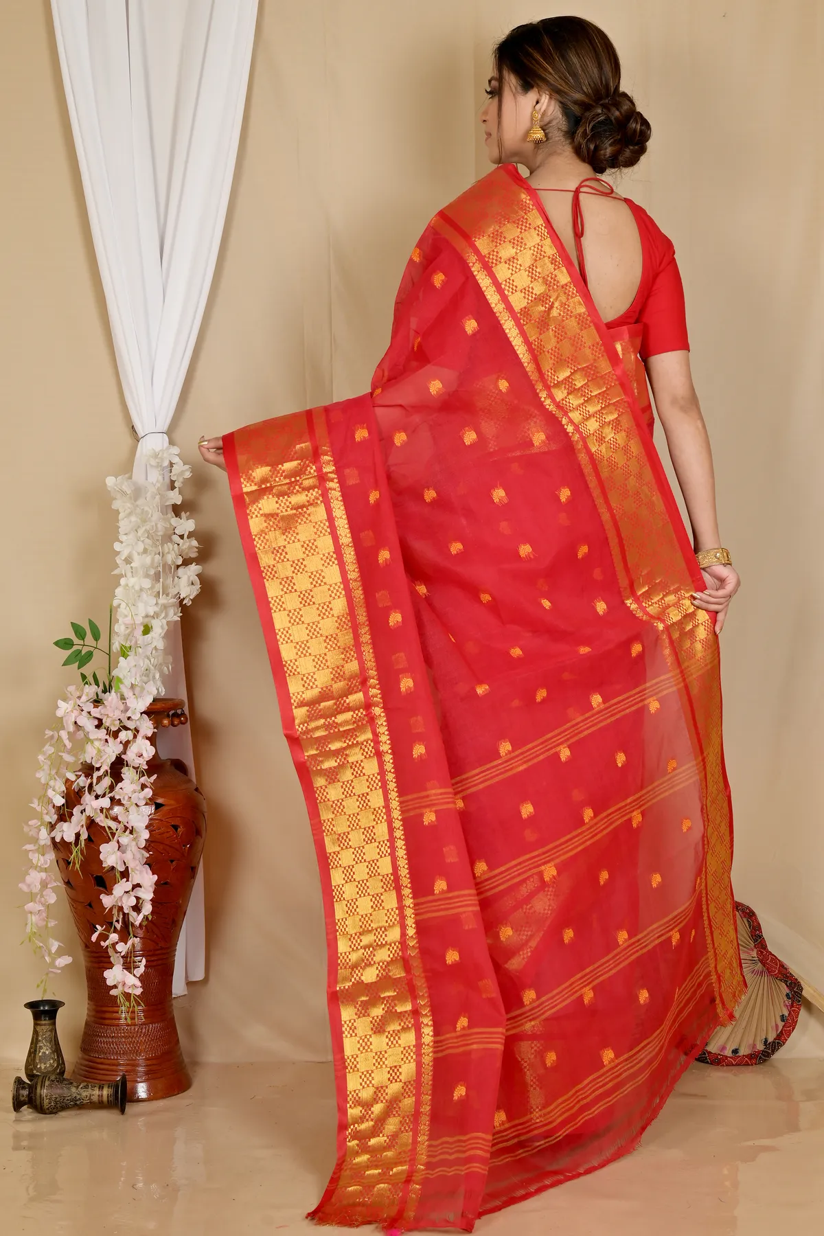 DipDiya Pure Cotton Red Atula Wrapped in Heritage Tant Sarees
