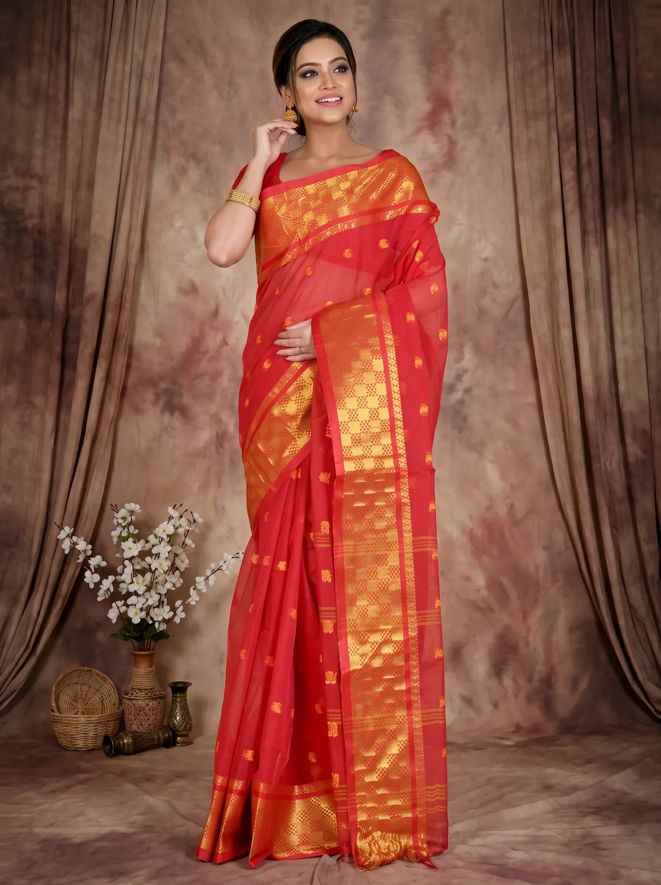 DipDiya Pure Cotton Red Atula Wrapped in Heritage Tant Sarees